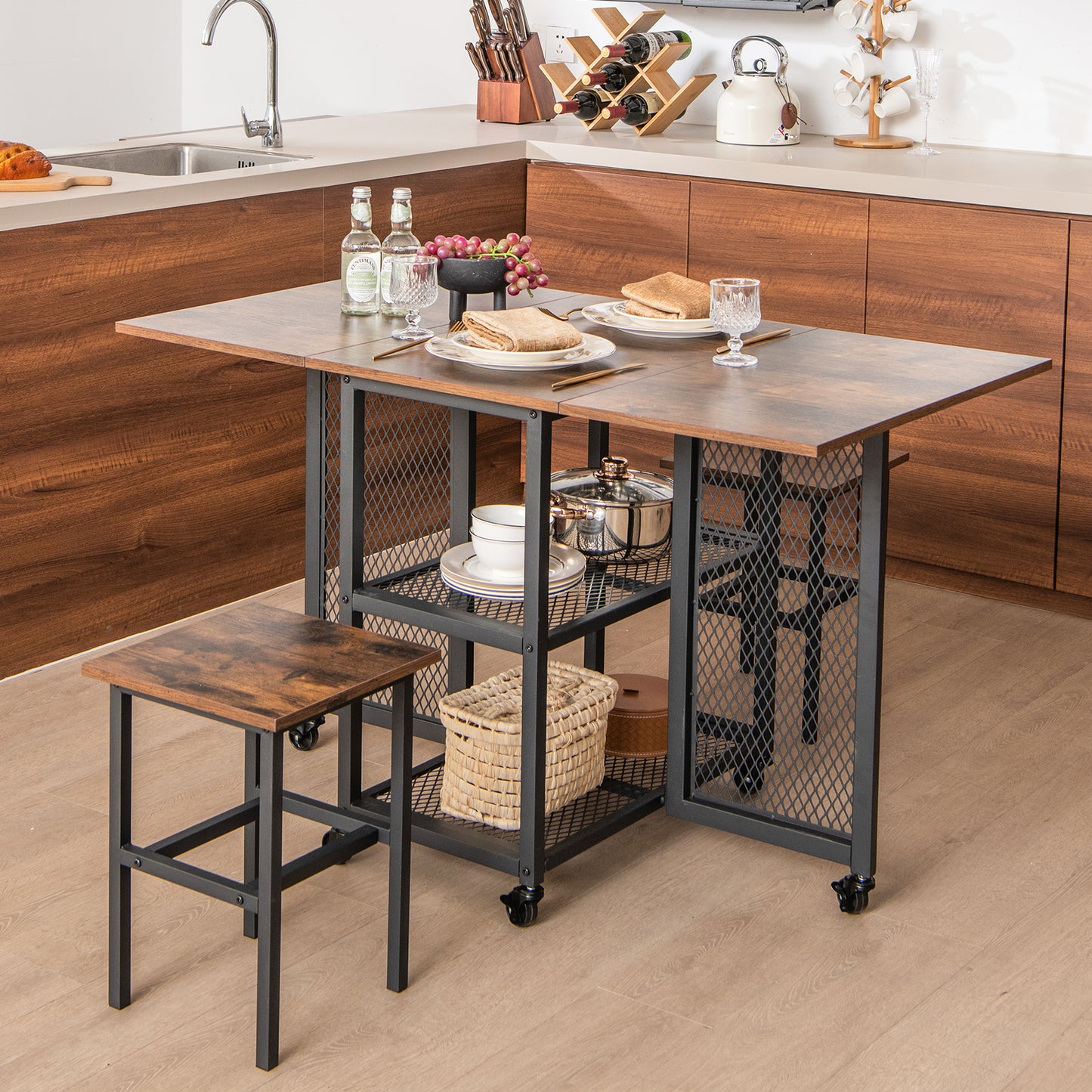 Expandable Drop Leaf Dining Table Set with Lockable Swivel Wheels and Storage Stools