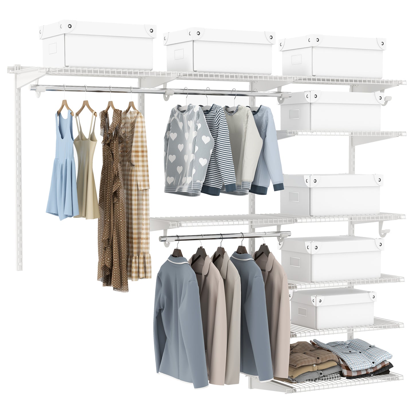 Adjustable Closet Organizer Kit with Shelves and Hanging Rods for 4–6 FT Spaces – Steel Storage System, White
