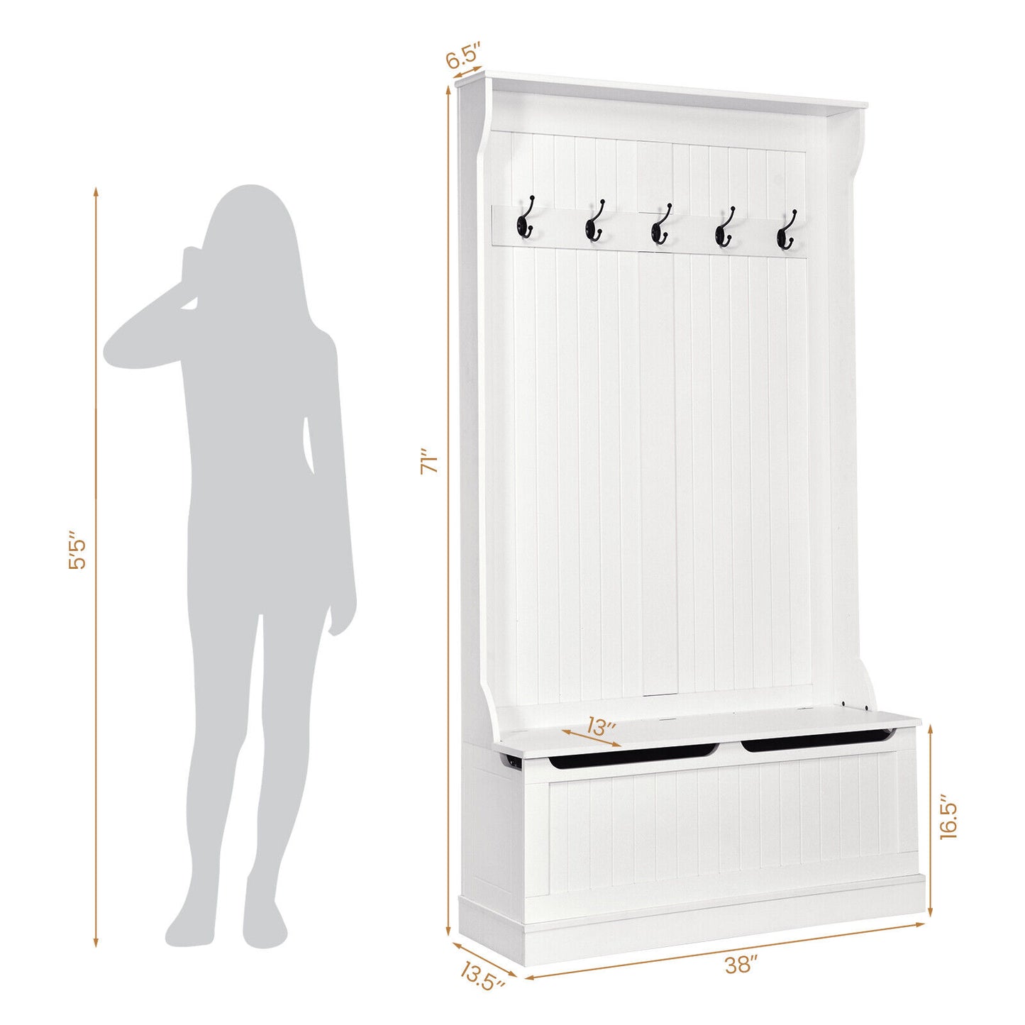 All-in-One Hall Tree with Shoe Bench Coat Hooks and Enclosed Storage