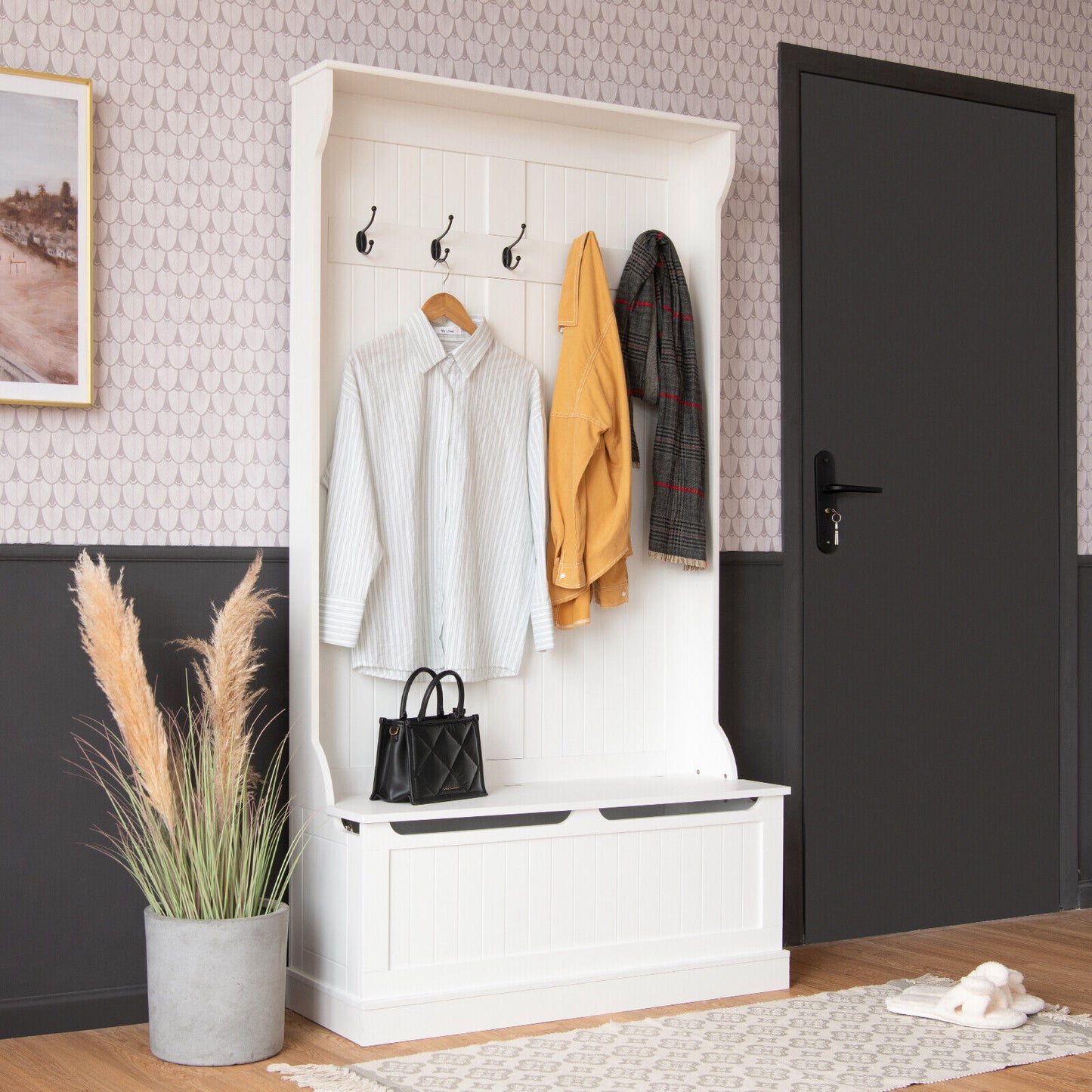 All-in-One Hall Tree with Shoe Bench Coat Hooks and Enclosed Storage