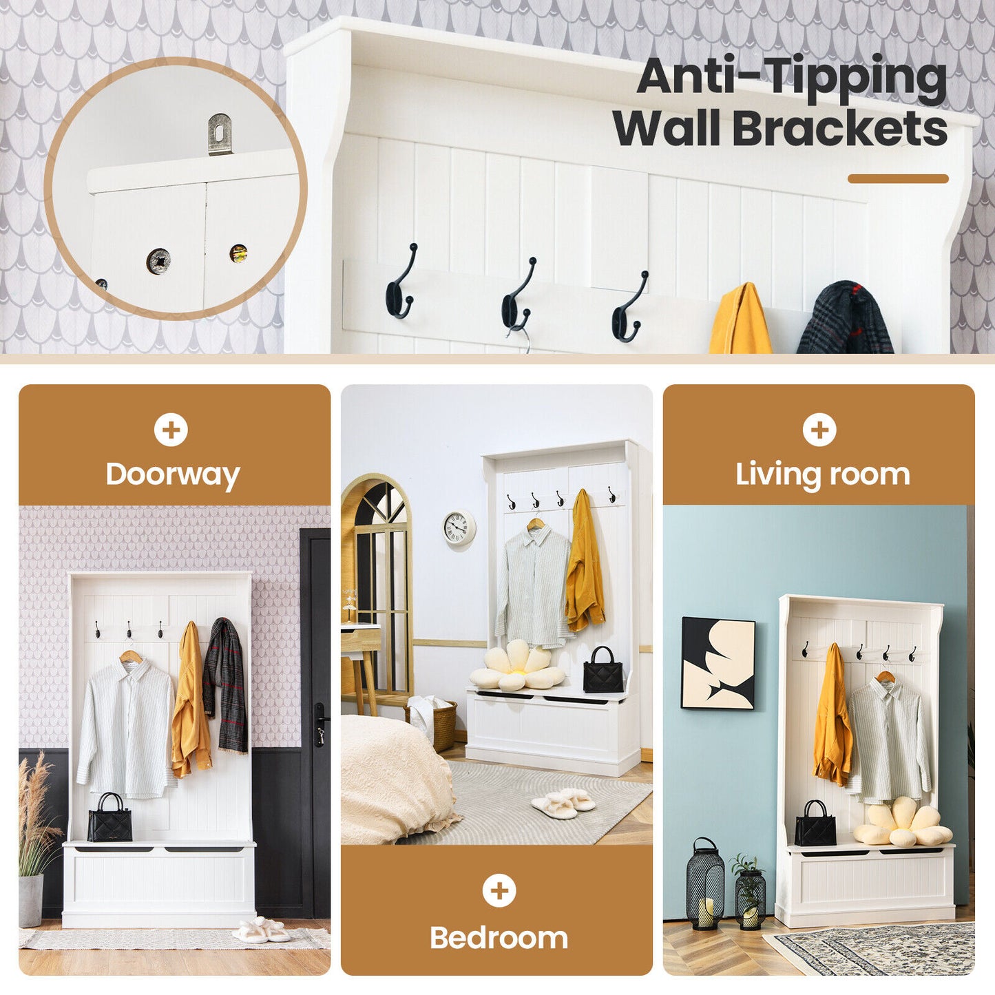 All-in-One Hall Tree with Shoe Bench Coat Hooks and Enclosed Storage