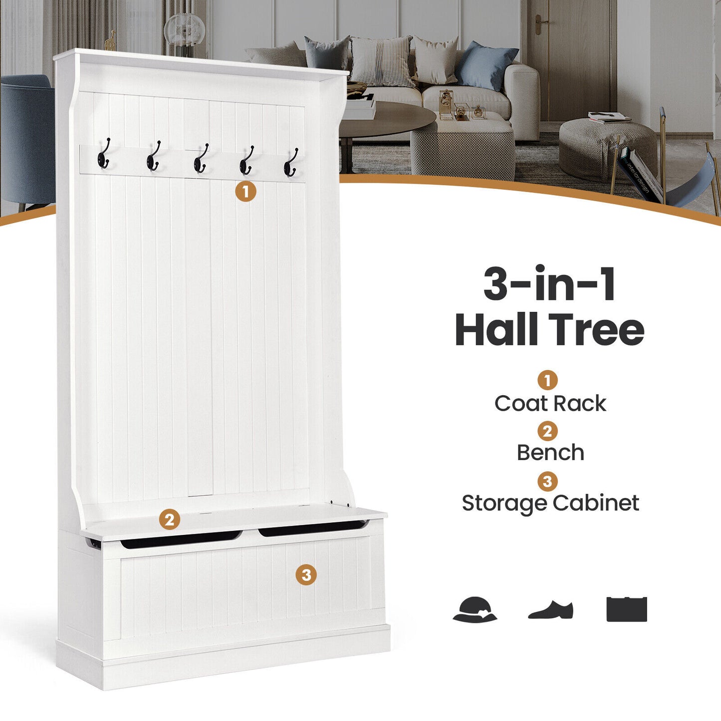 All-in-One Hall Tree with Shoe Bench Coat Hooks and Enclosed Storage