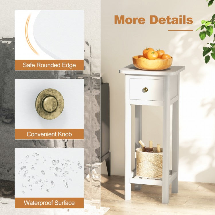 2-Tier Bedside Table with Drawer and Storage Shelf in White Finish
