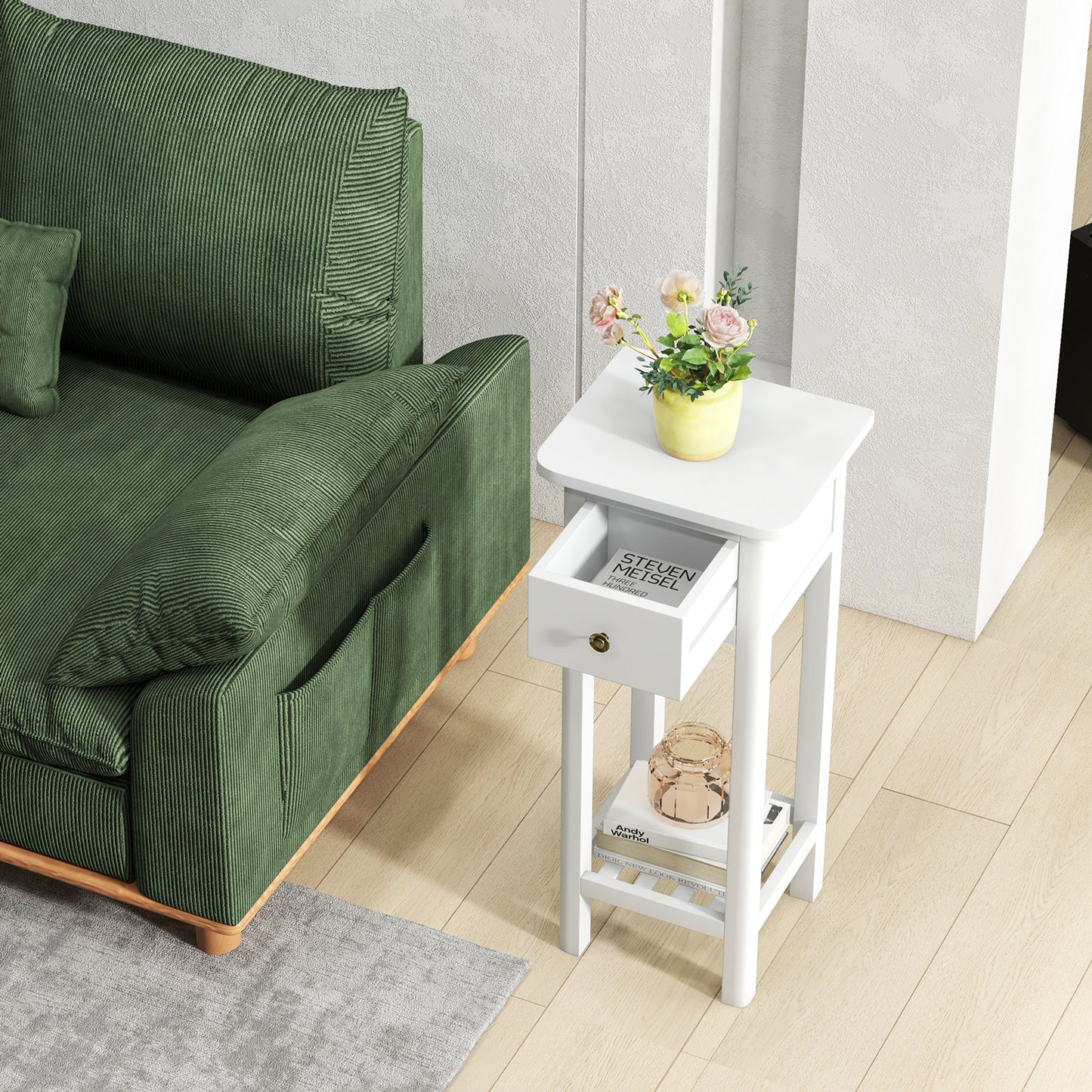2-Tier Bedside Table with Drawer and Storage Shelf in White Finish