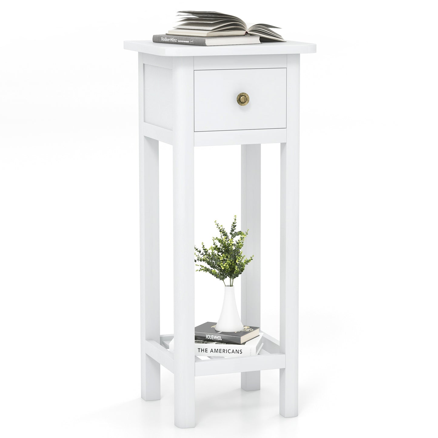 2-Tier Bedside Table with Drawer and Storage Shelf in White Finish