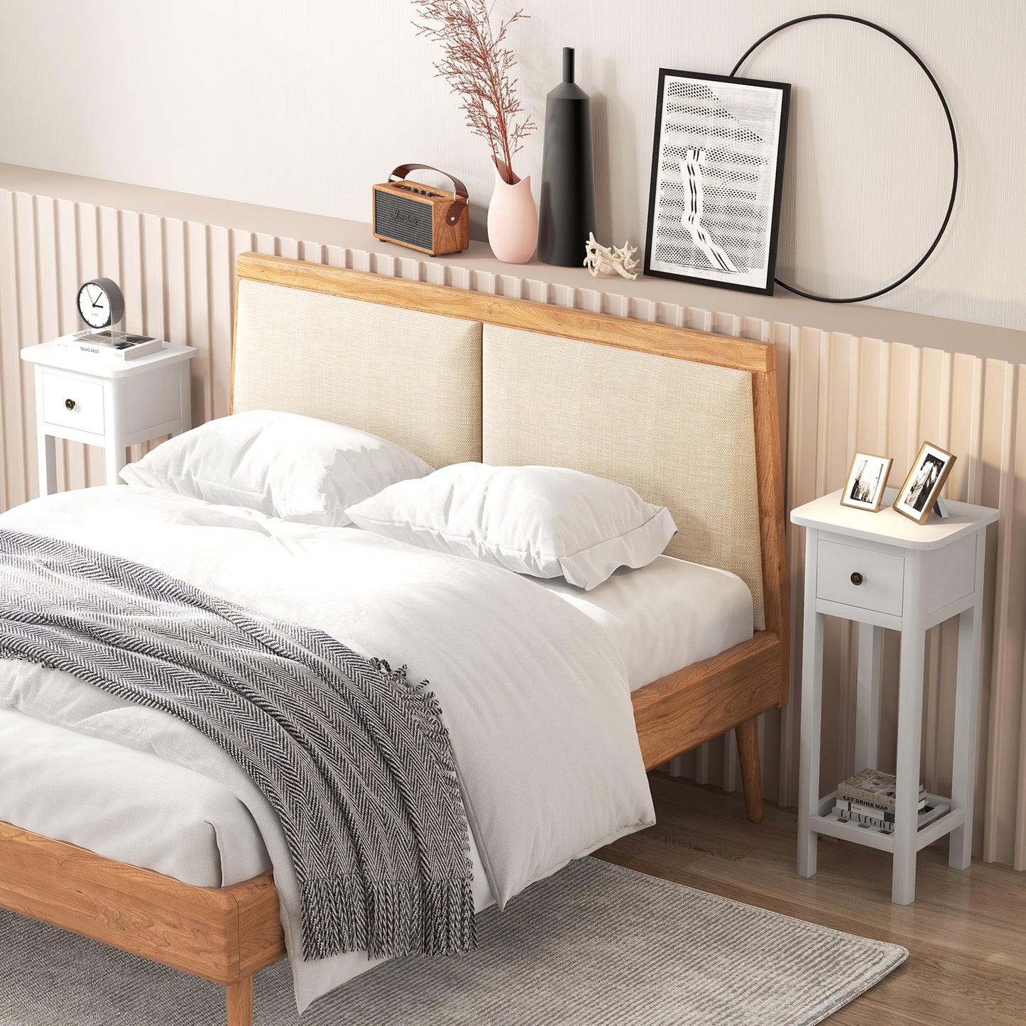 2-Tier Bedside Table with Drawer and Storage Shelf in White Finish