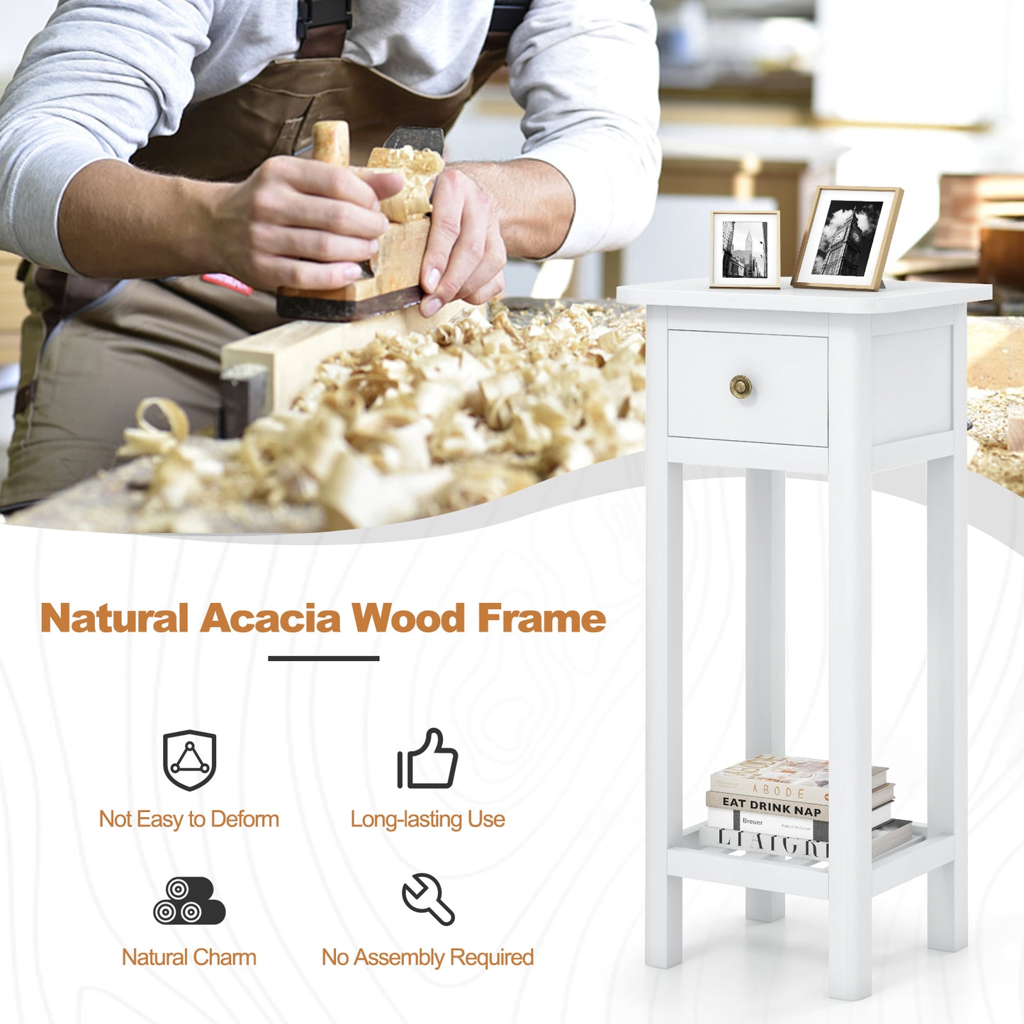 2-Tier Bedside Table with Drawer and Storage Shelf in White Finish