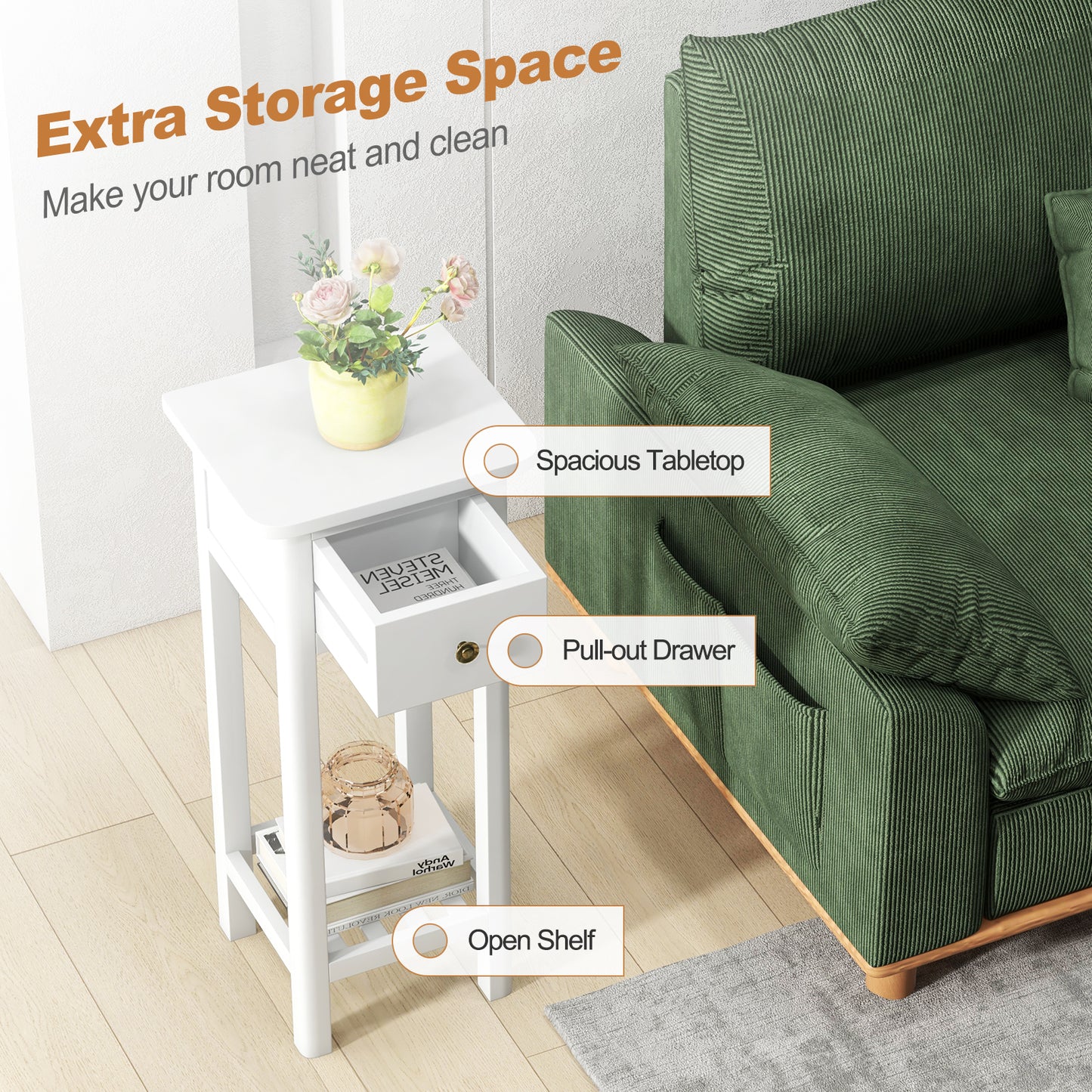 2-Tier Bedside Table with Drawer and Storage Shelf in White Finish