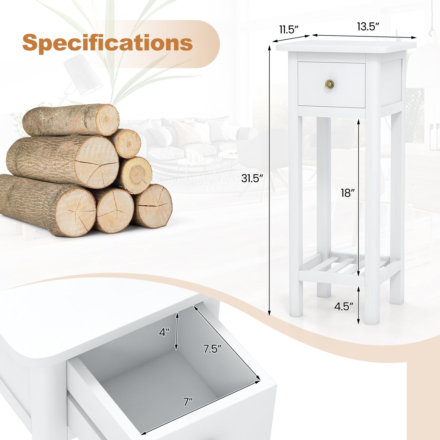 2-Tier Bedside Table with Drawer and Storage Shelf in White Finish