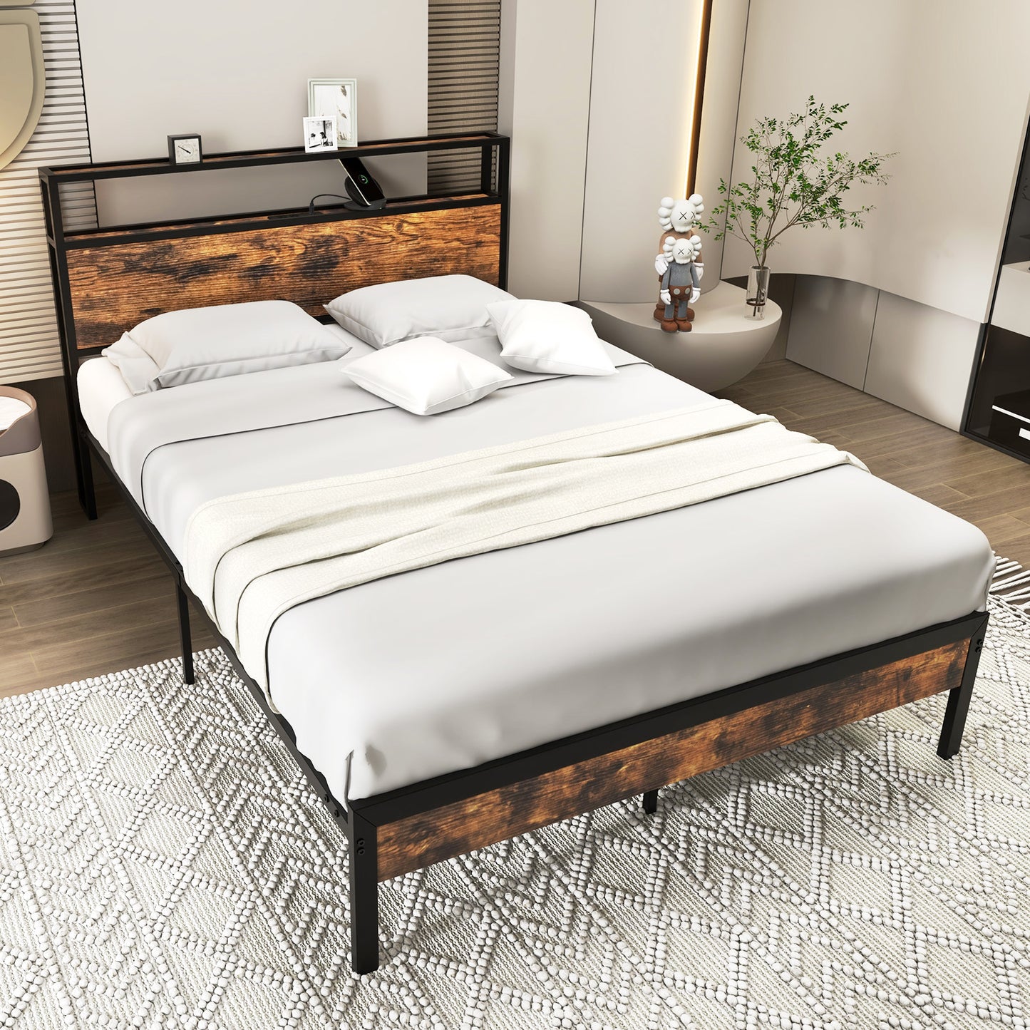 Full Size Rustic Brown Platform Bed with 2-Tier Storage Headboard and Fast-Charging Power Station