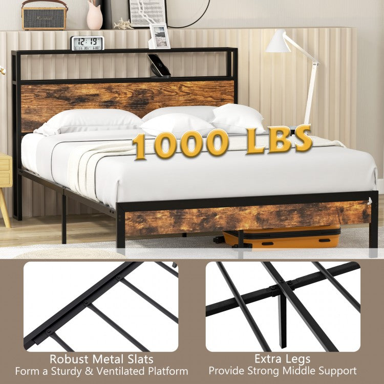 Full Size Rustic Brown Platform Bed with 2-Tier Storage Headboard and Fast-Charging Power Station