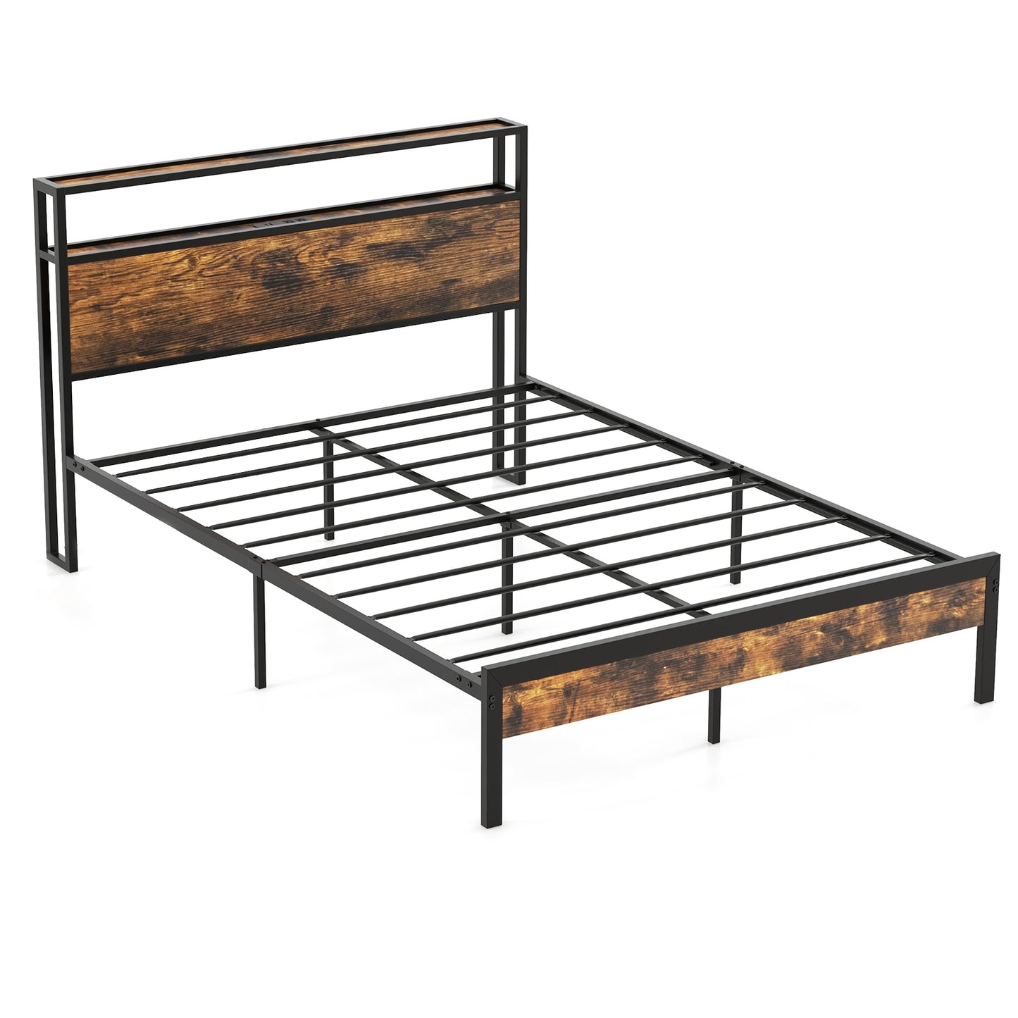 Full Size Rustic Brown Platform Bed with 2-Tier Storage Headboard and Fast-Charging Power Station
