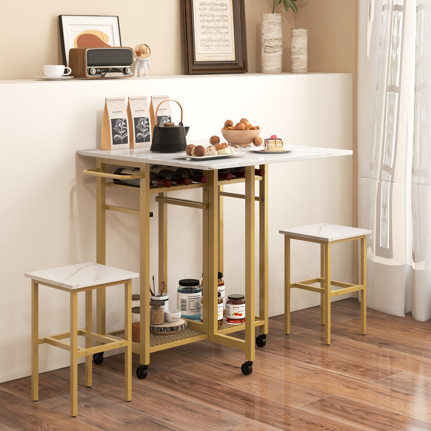 3 Piece Dining Table Set with 6-Bottle Wine Rack and Storage Stools - White