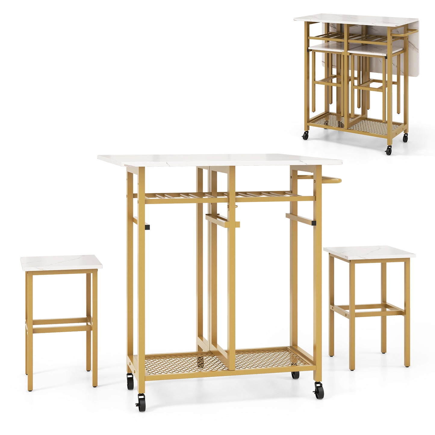 3 Piece Dining Table Set with 6-Bottle Wine Rack and Storage Stools - White