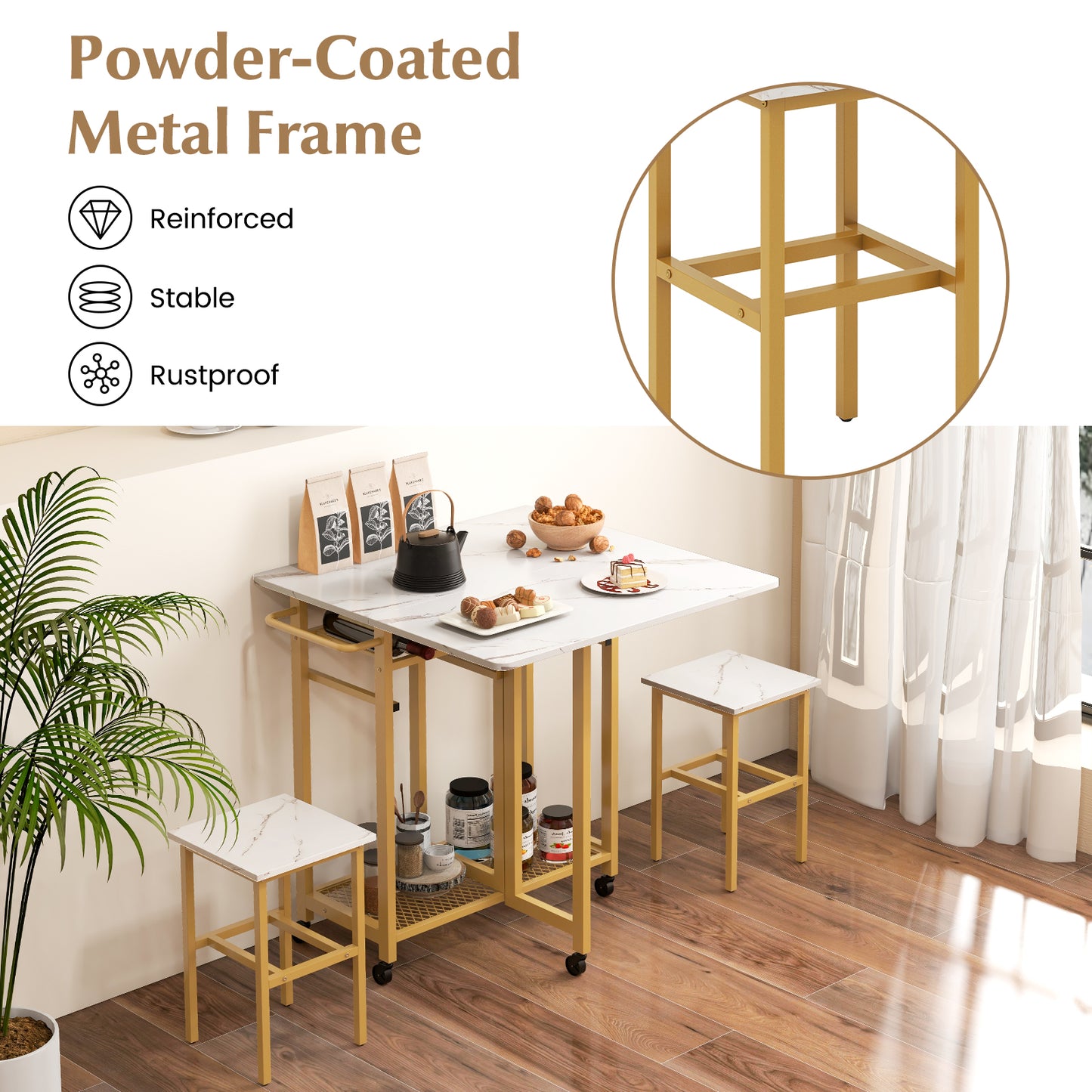 3 Piece Dining Table Set with 6-Bottle Wine Rack and Storage Stools - White
