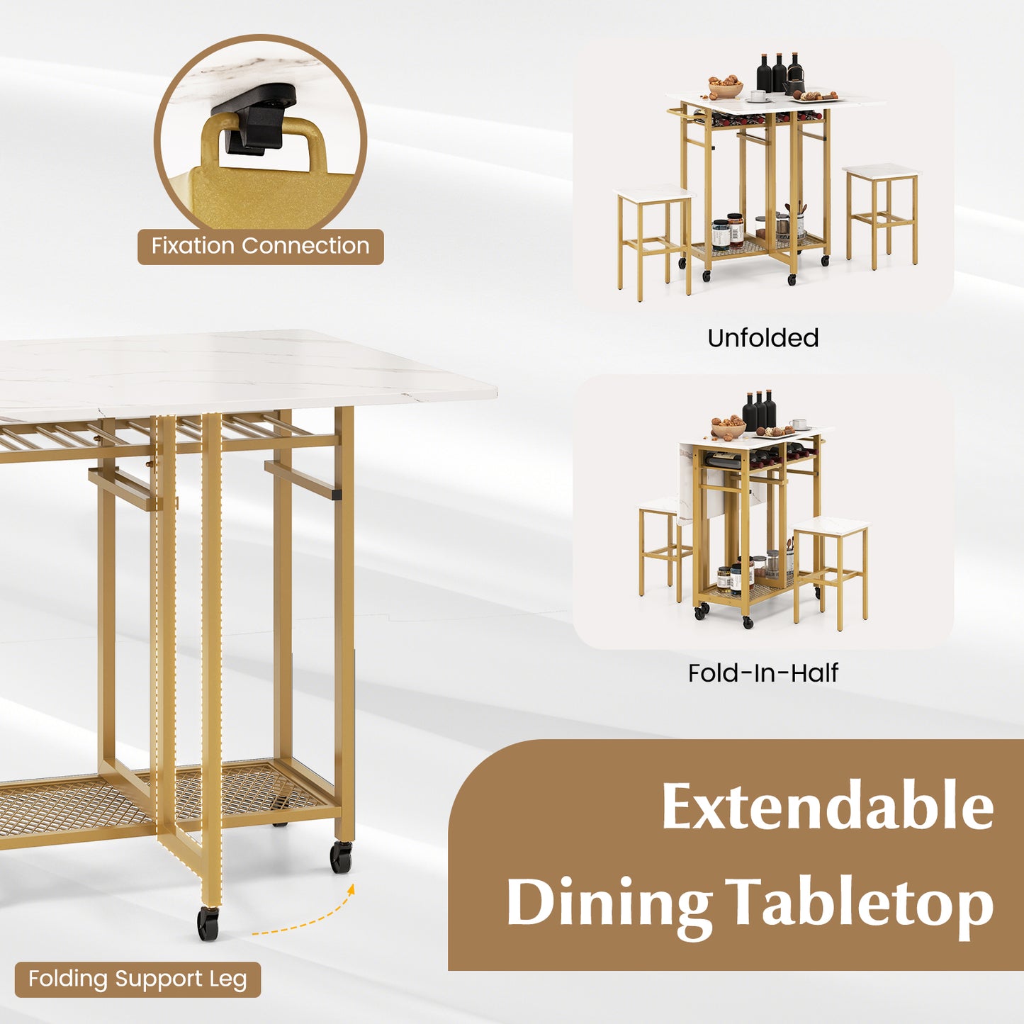 3 Piece Dining Table Set with 6-Bottle Wine Rack and Storage Stools - White