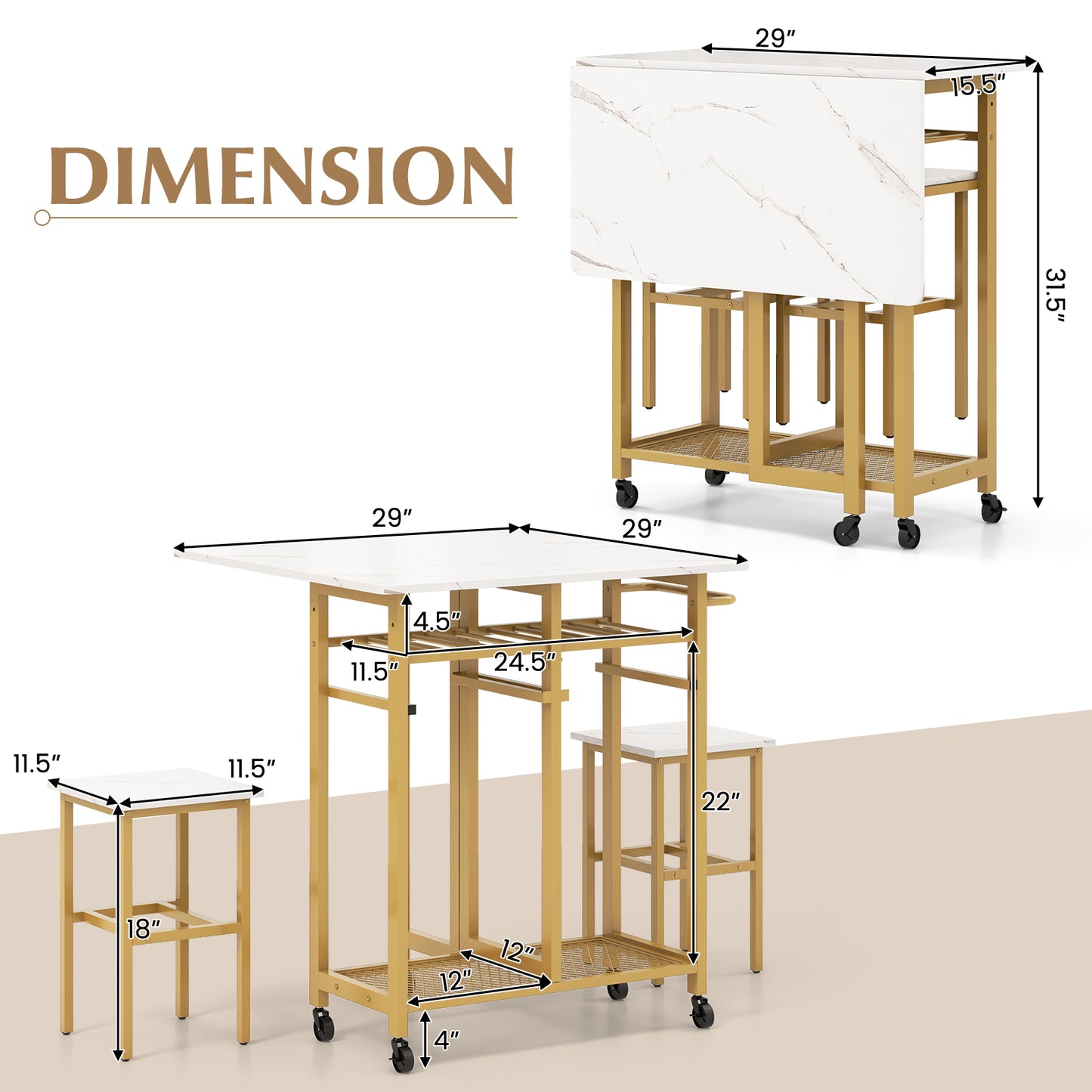 3 Piece Dining Table Set with 6-Bottle Wine Rack and Storage Stools - White