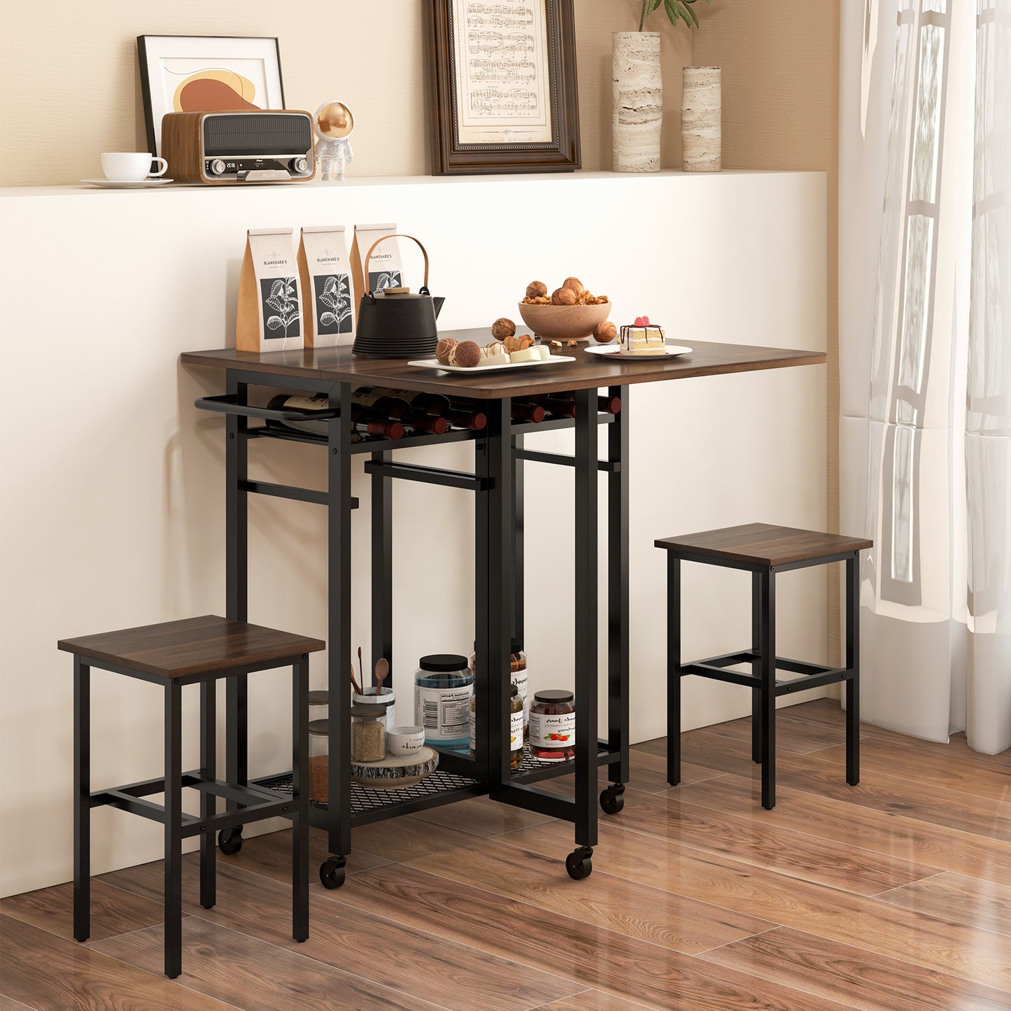 3 Piece Dining Table Set with 6-Bottle Wine Rack and Storage Stools - Brown