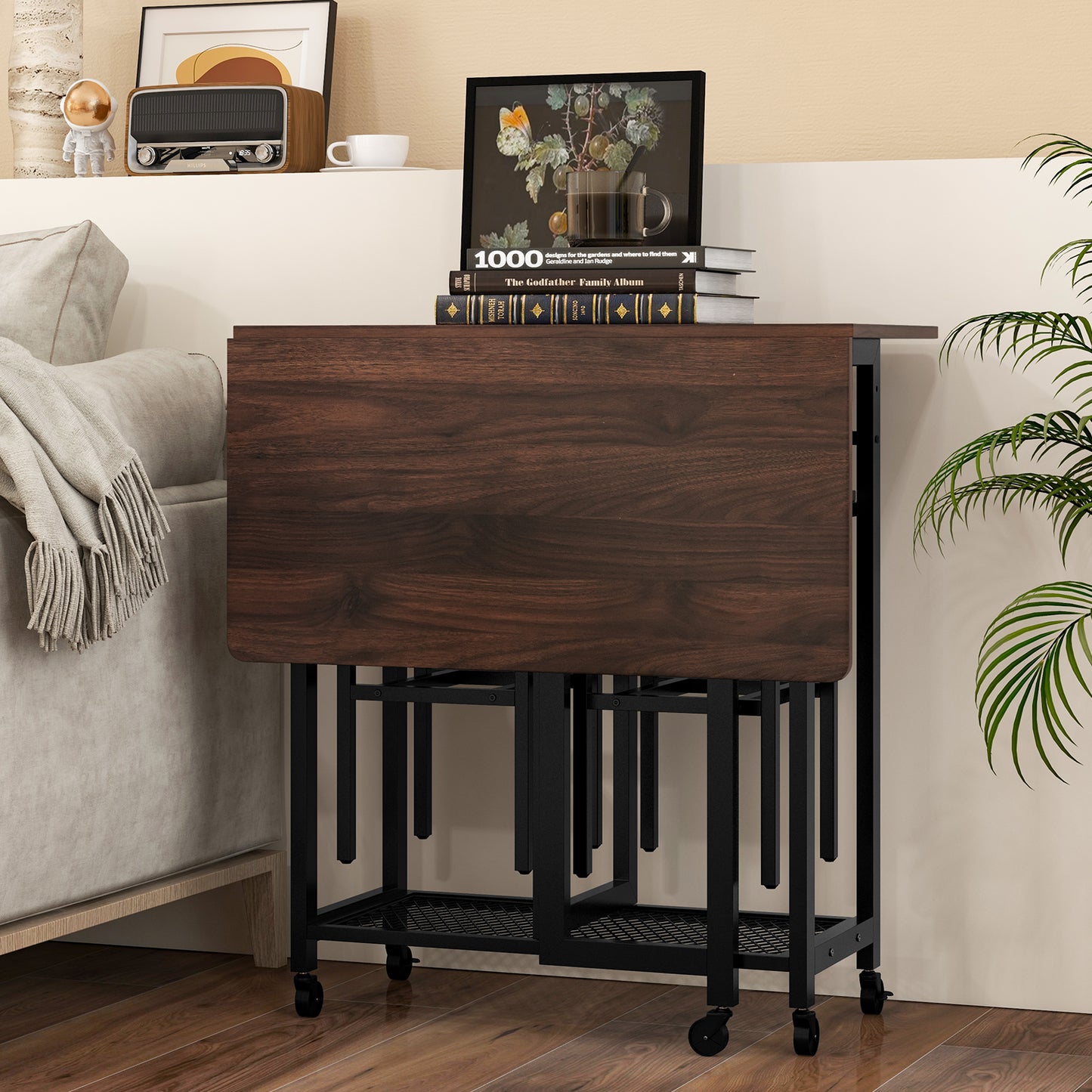3 Piece Dining Table Set with 6-Bottle Wine Rack and Storage Stools - Brown