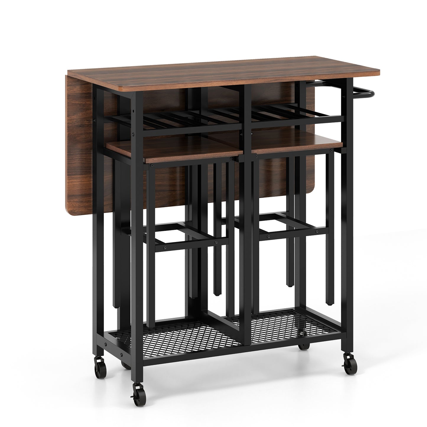 3 Piece Dining Table Set with 6-Bottle Wine Rack and Storage Stools - Brown