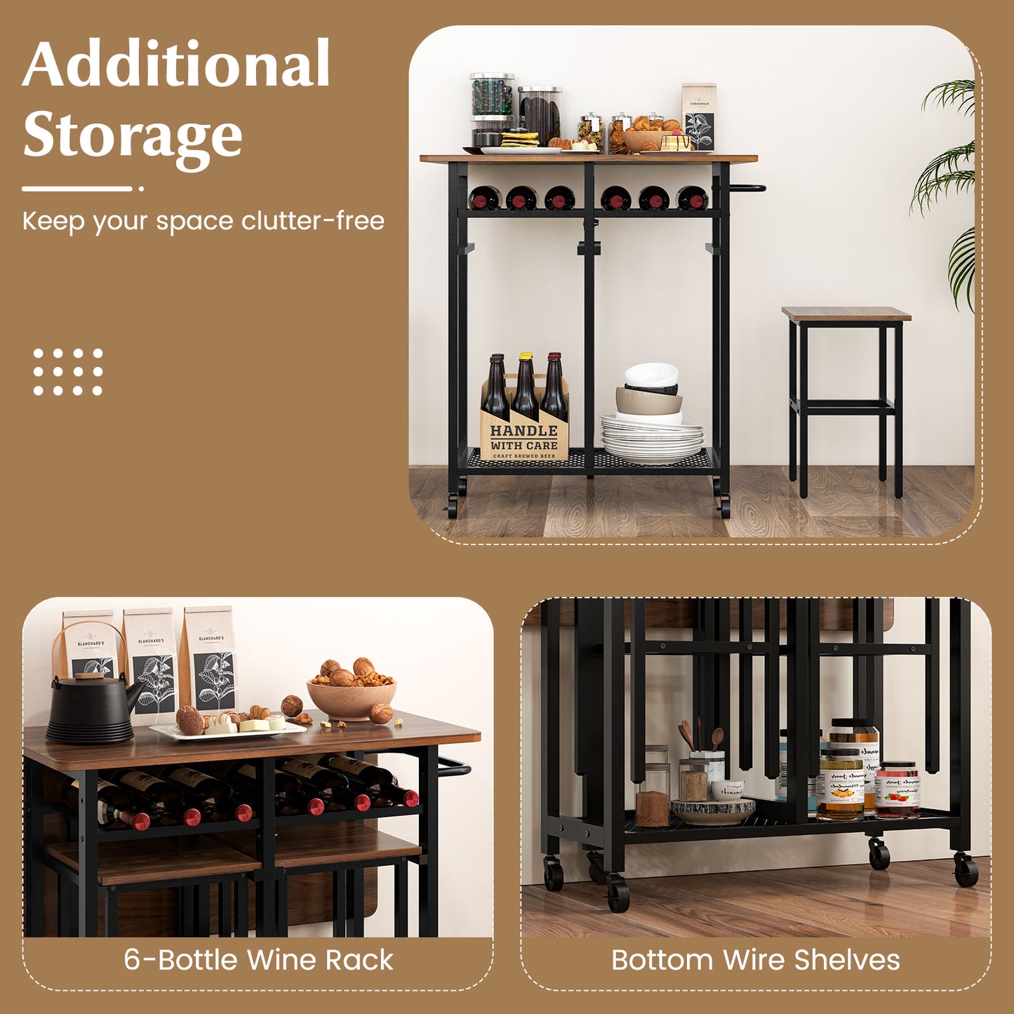 3 Piece Dining Table Set with 6-Bottle Wine Rack and Storage Stools - Brown
