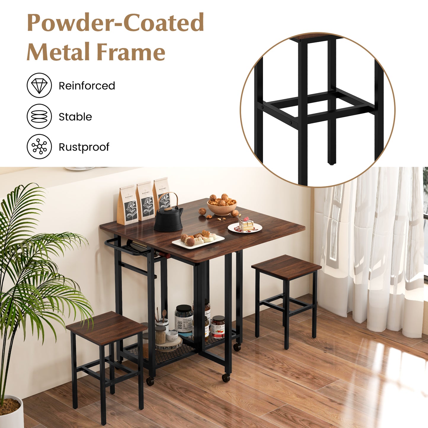 3 Piece Dining Table Set with 6-Bottle Wine Rack and Storage Stools - Brown