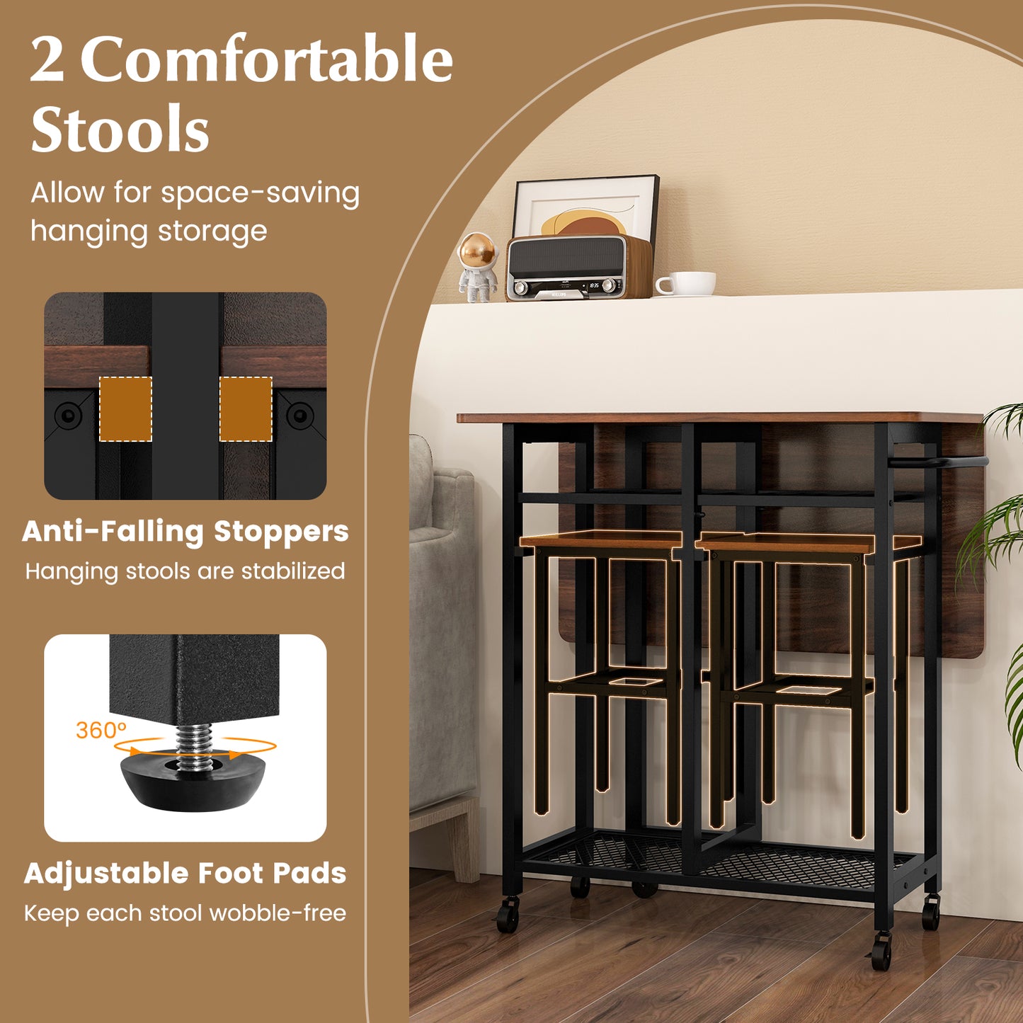 3 Piece Dining Table Set with 6-Bottle Wine Rack and Storage Stools - Brown