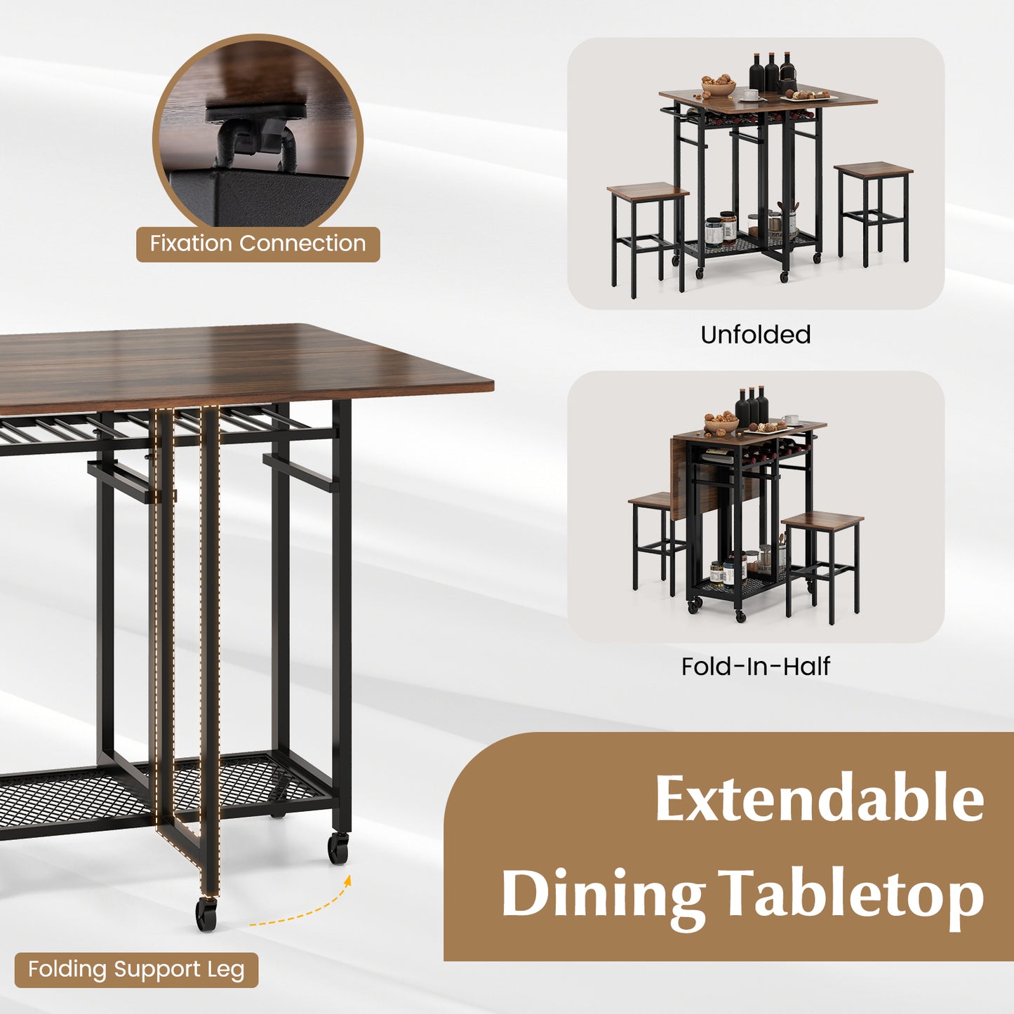 3 Piece Dining Table Set with 6-Bottle Wine Rack and Storage Stools - Brown