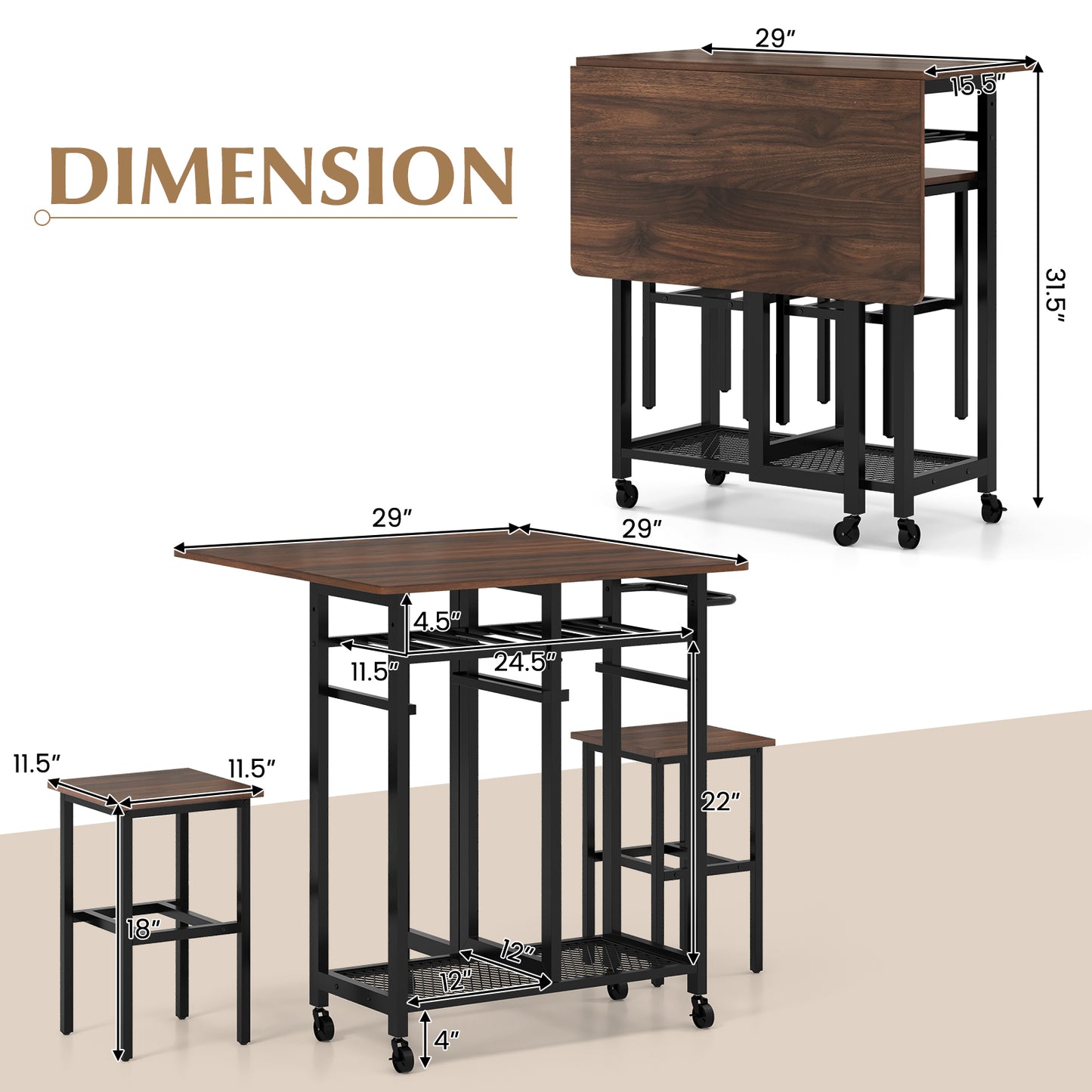 3 Piece Dining Table Set with 6-Bottle Wine Rack and Storage Stools - Brown