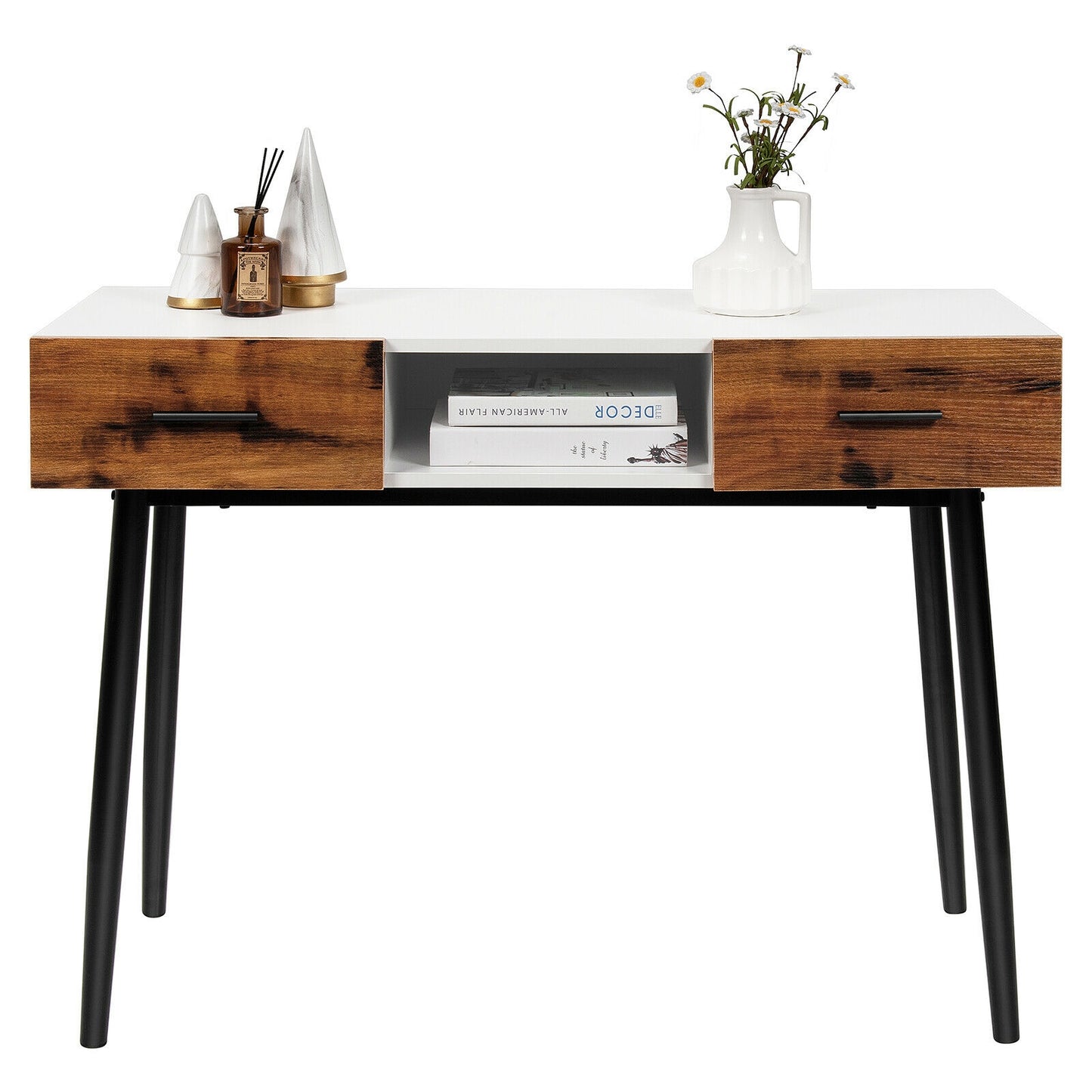 42 Inch Console Table with Drawers and Open Storage for Hallway or Living Room