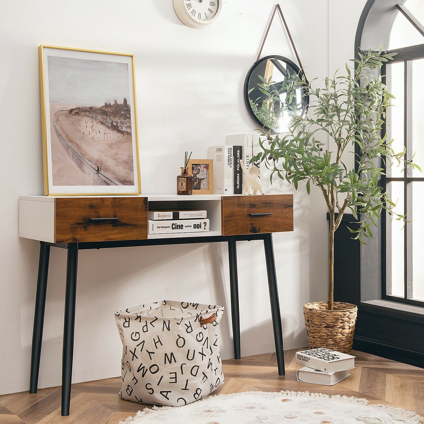 42 Inch Console Table with Drawers and Open Storage for Hallway or Living Room