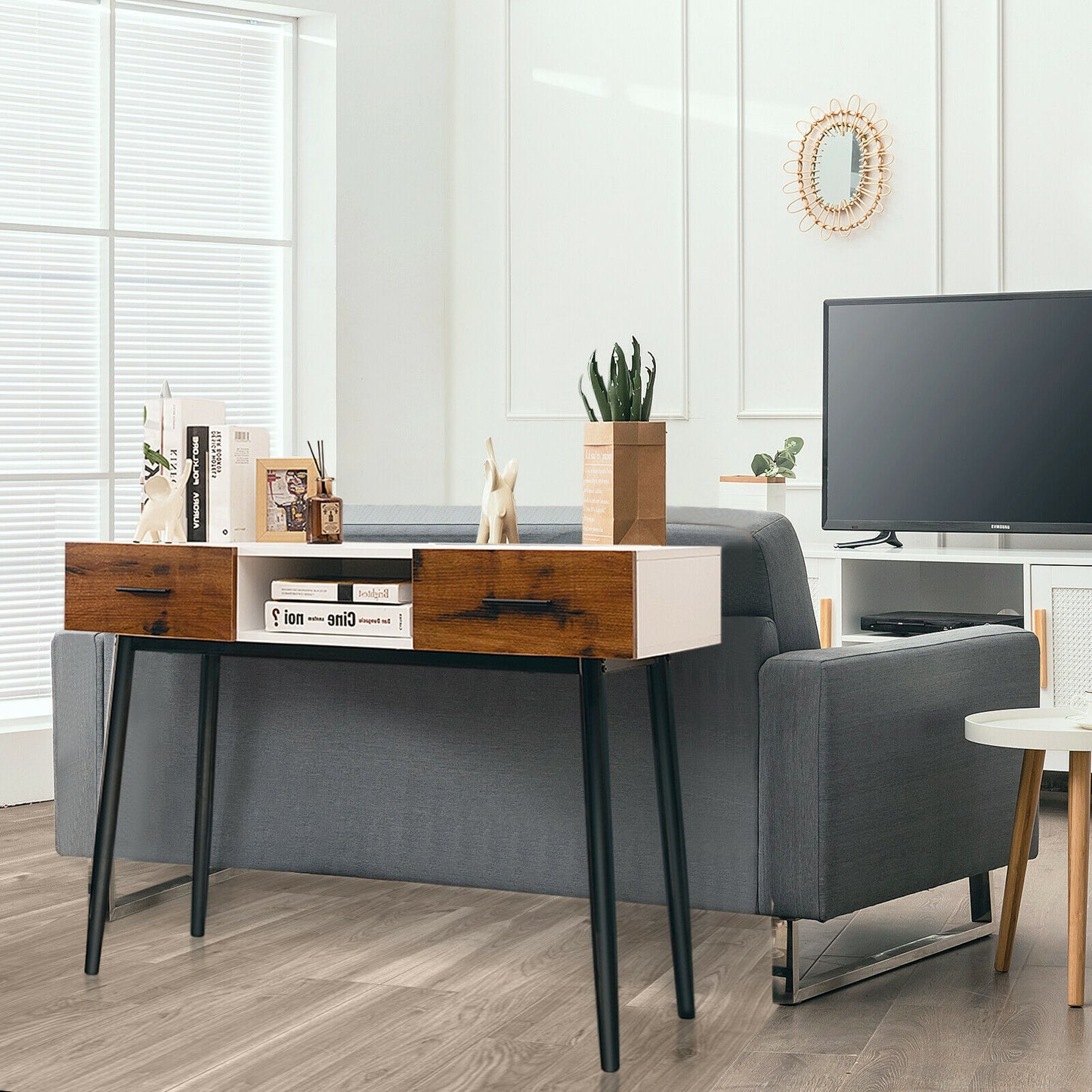 42 Inch Console Table with Drawers and Open Storage for Hallway or Living Room