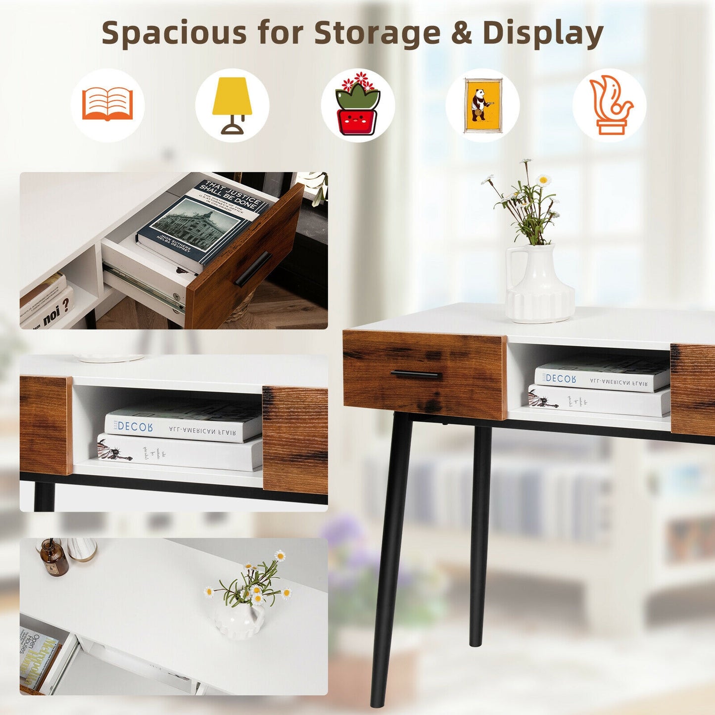 42 Inch Console Table with Drawers and Open Storage for Hallway or Living Room