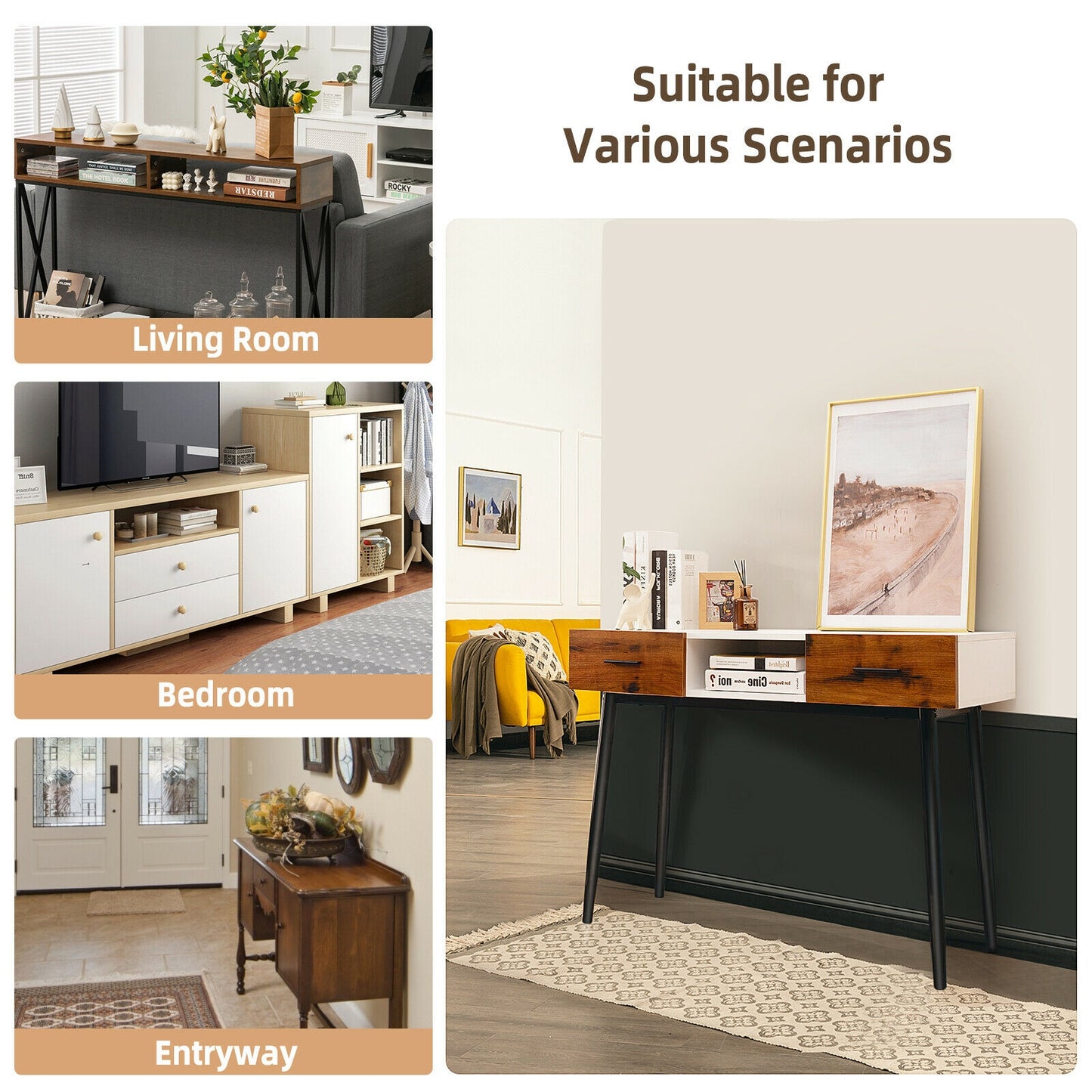 42 Inch Console Table with Drawers and Open Storage for Hallway or Living Room