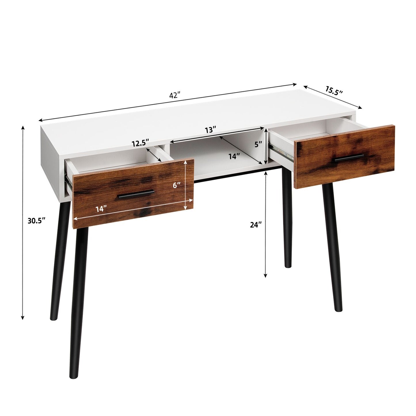 42 Inch Console Table with Drawers and Open Storage for Hallway or Living Room