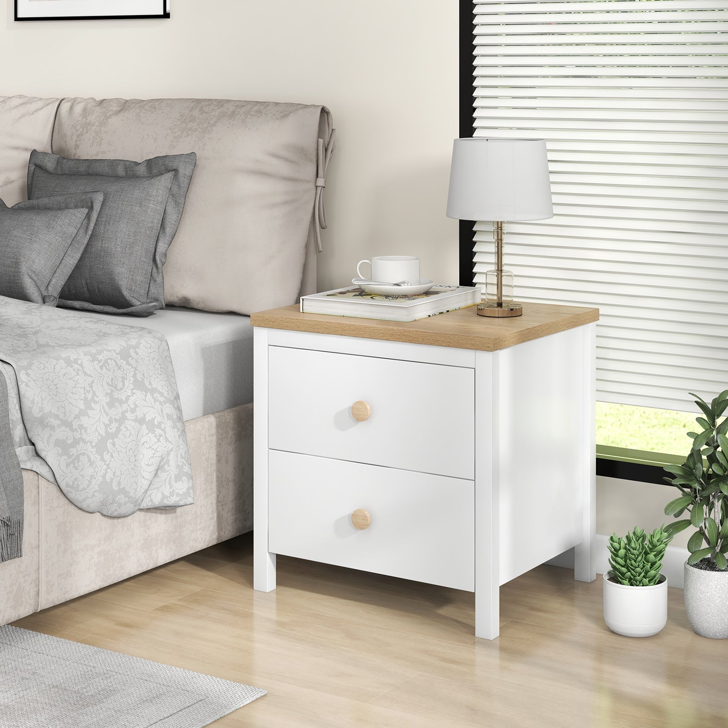 Farmhouse 2-Drawer Nightstand with Solid Rubber Wood Legs White