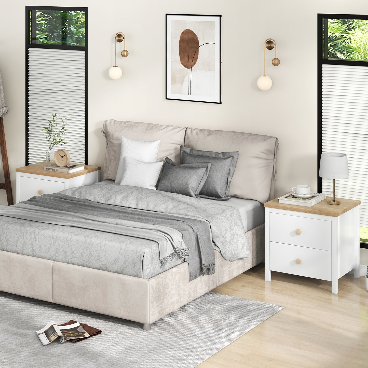 Farmhouse 2-Drawer Nightstand with Solid Rubber Wood Legs White