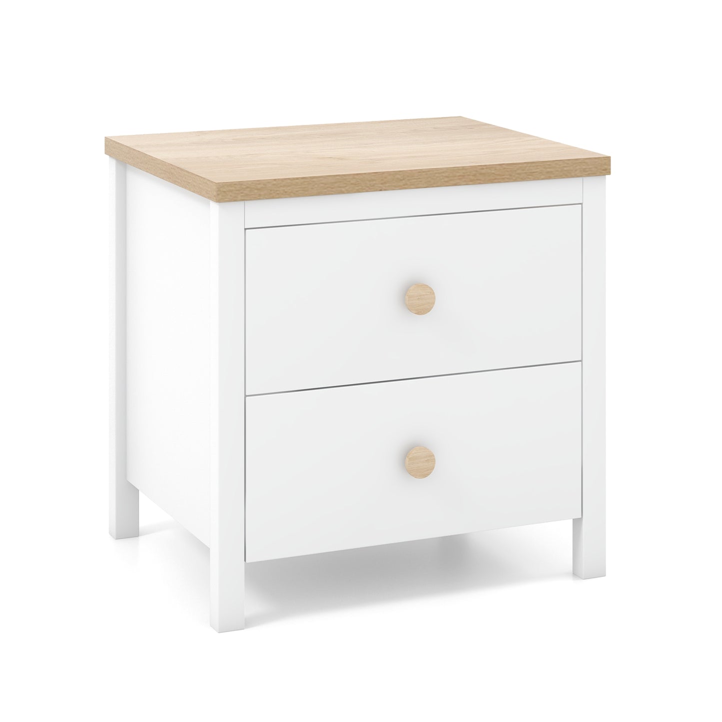 Farmhouse 2-Drawer Nightstand with Solid Rubber Wood Legs White