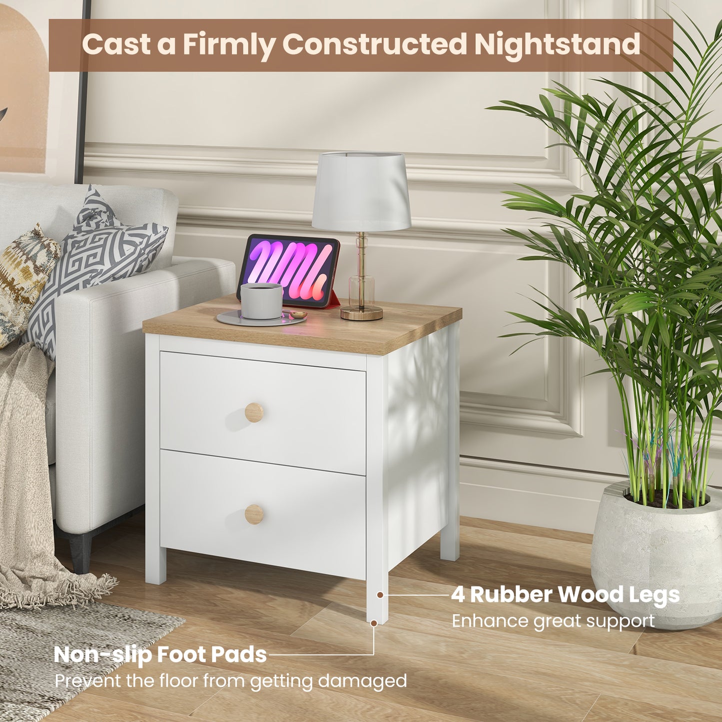 Farmhouse 2-Drawer Nightstand with Solid Rubber Wood Legs White