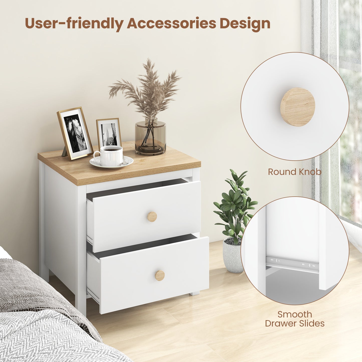 Farmhouse 2-Drawer Nightstand with Solid Rubber Wood Legs White