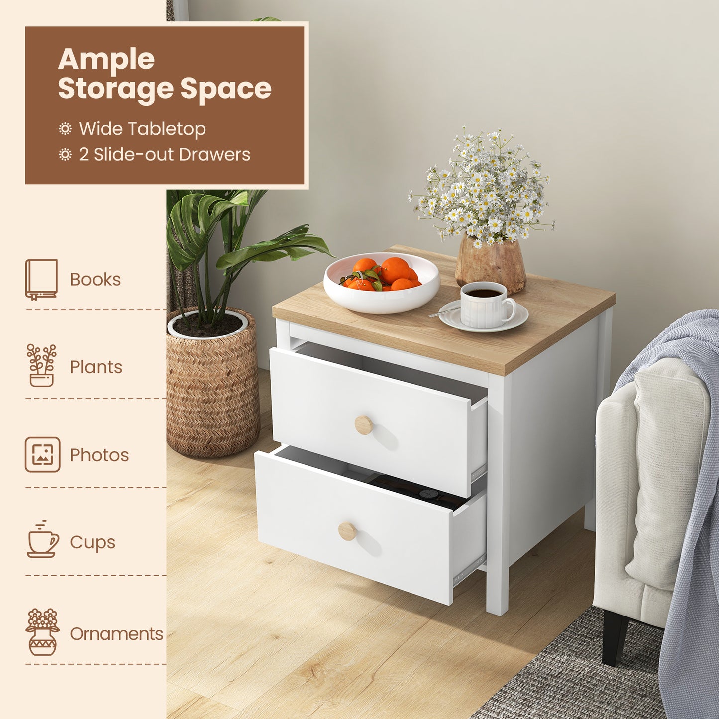 Farmhouse 2-Drawer Nightstand with Solid Rubber Wood Legs White