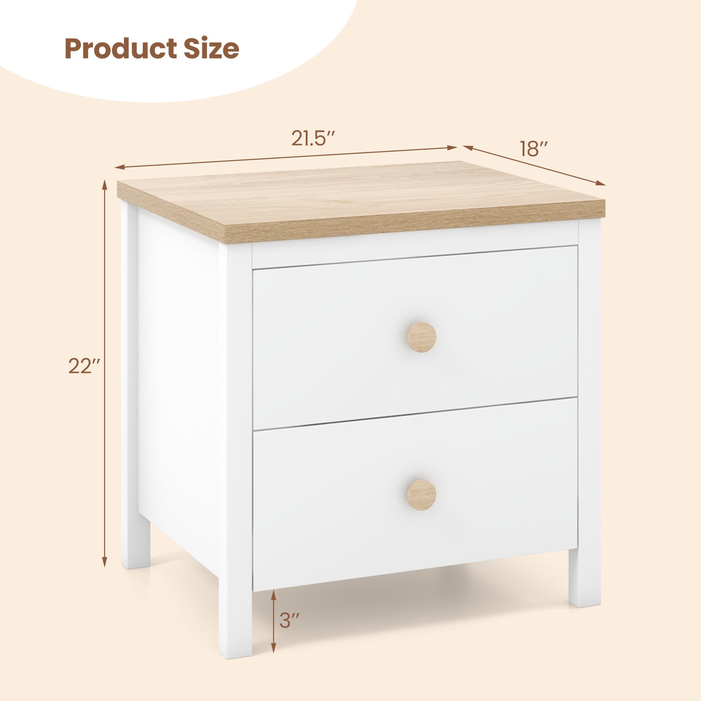 Farmhouse 2-Drawer Nightstand with Solid Rubber Wood Legs White