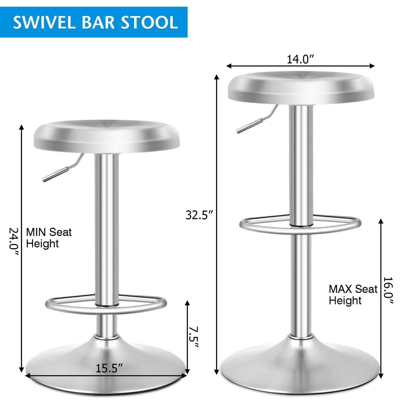 Modern Adjustable Swivel Bar Stool with Footrest and Stainless Steel Seat, Set of 1