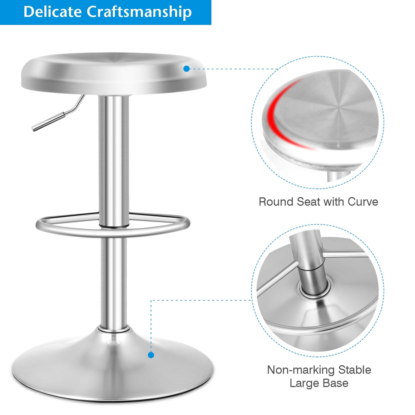 Modern Adjustable Swivel Bar Stool with Footrest and Stainless Steel Seat, Set of 1