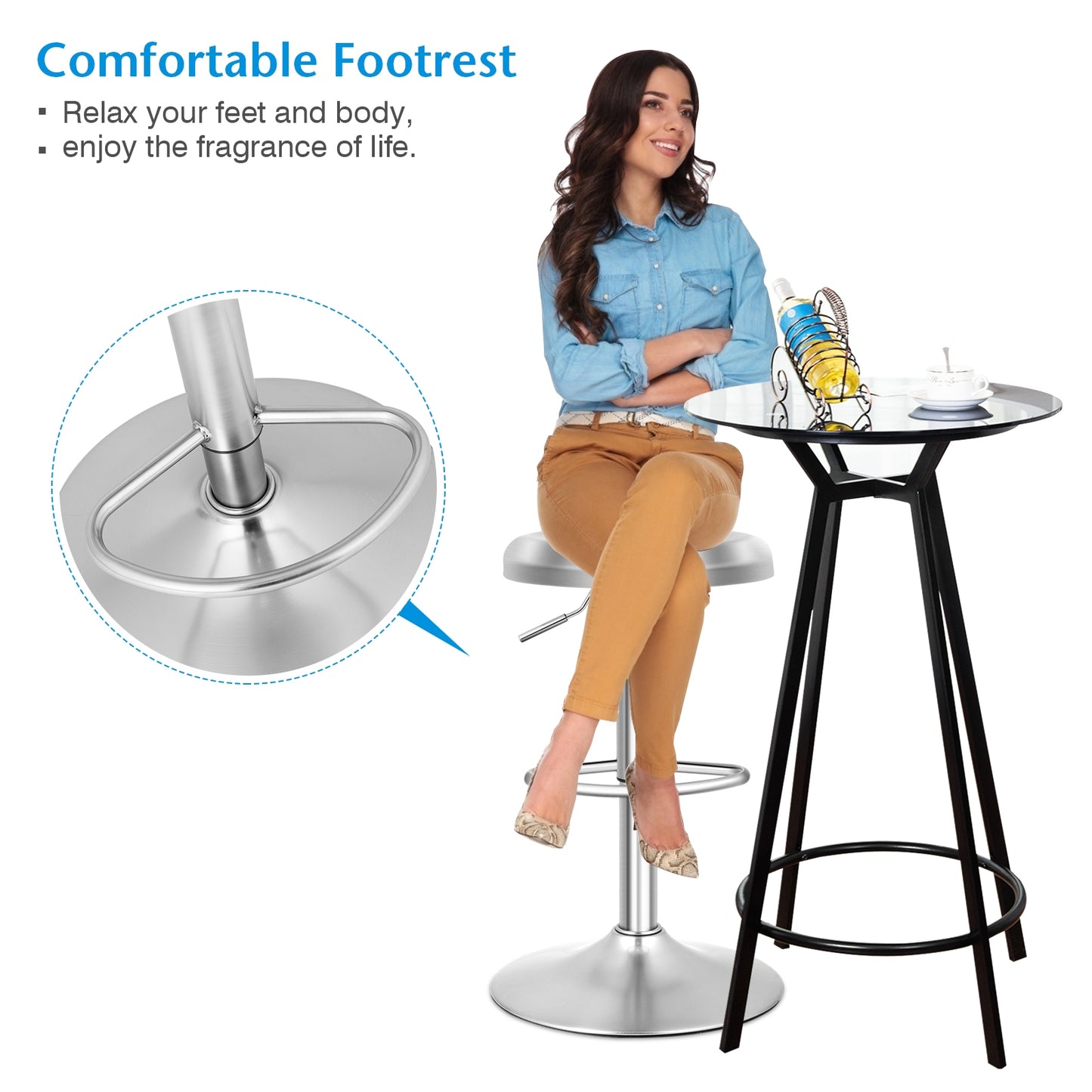 Modern Adjustable Swivel Bar Stool with Footrest and Stainless Steel Seat, Set of 1