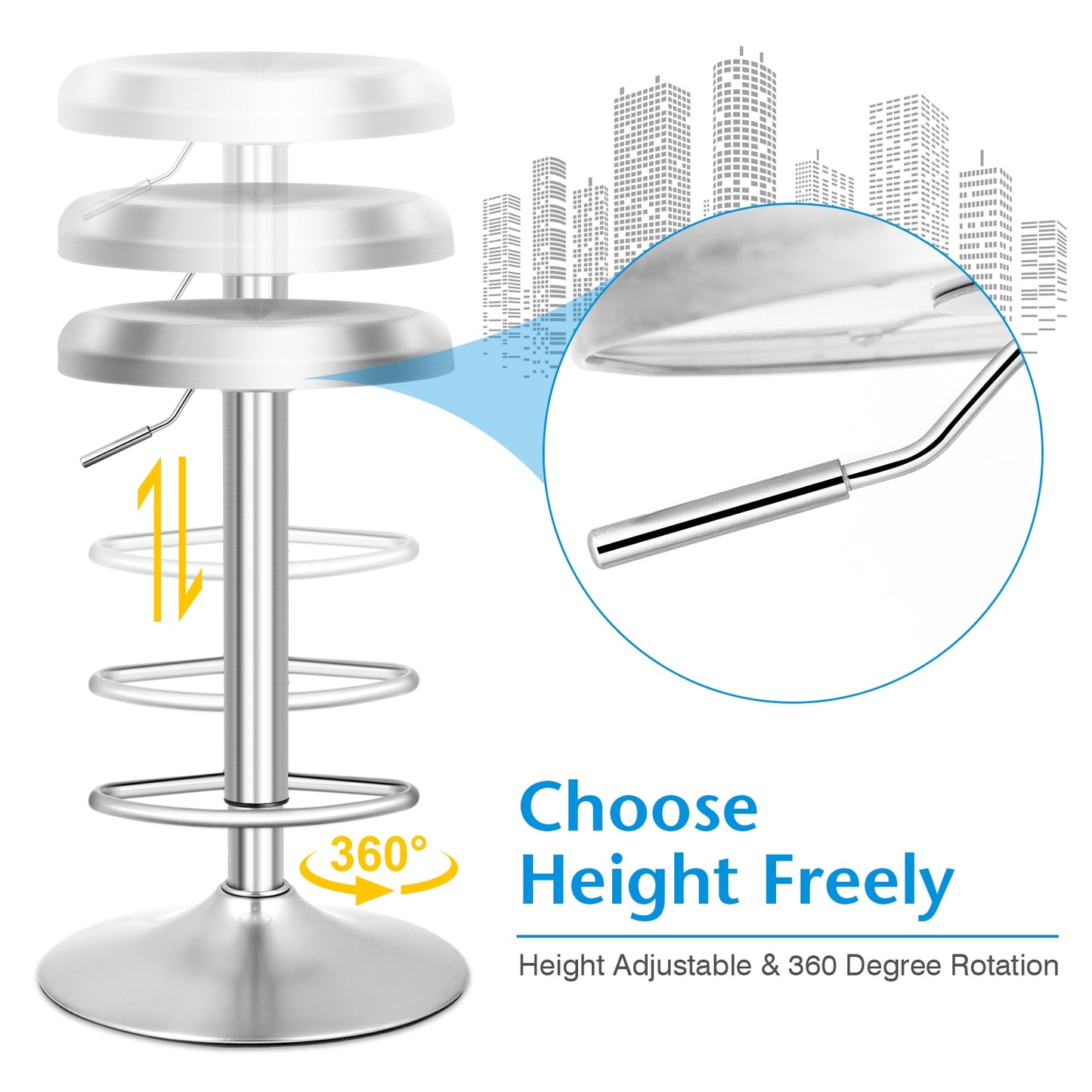 Modern Adjustable Swivel Bar Stool with Footrest and Stainless Steel Seat, Set of 1