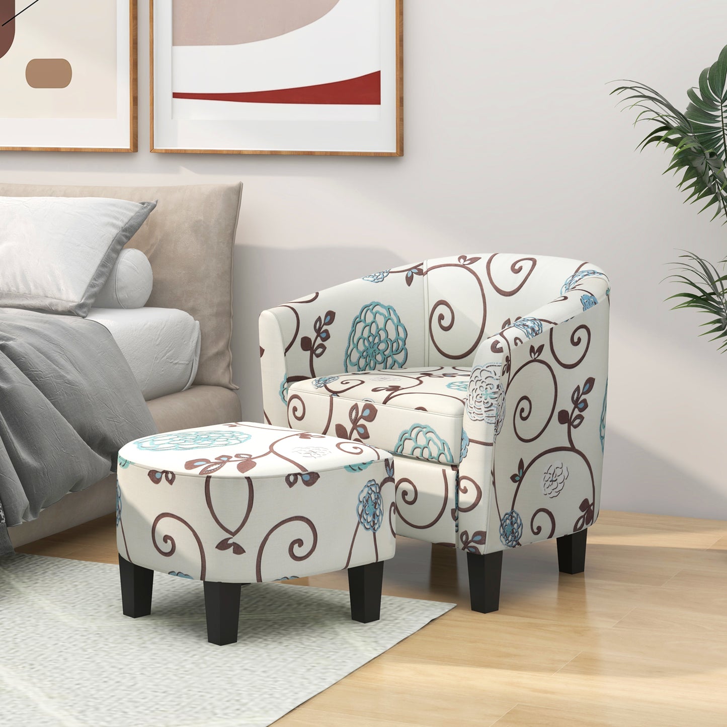 Contemporary Accent Chair with Ottoman and Cushioned Seat in Soft Fabric