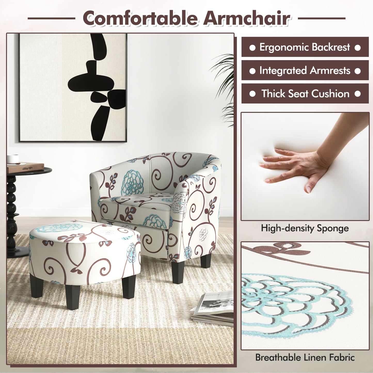Contemporary Accent Chair with Ottoman and Cushioned Seat in Soft Fabric