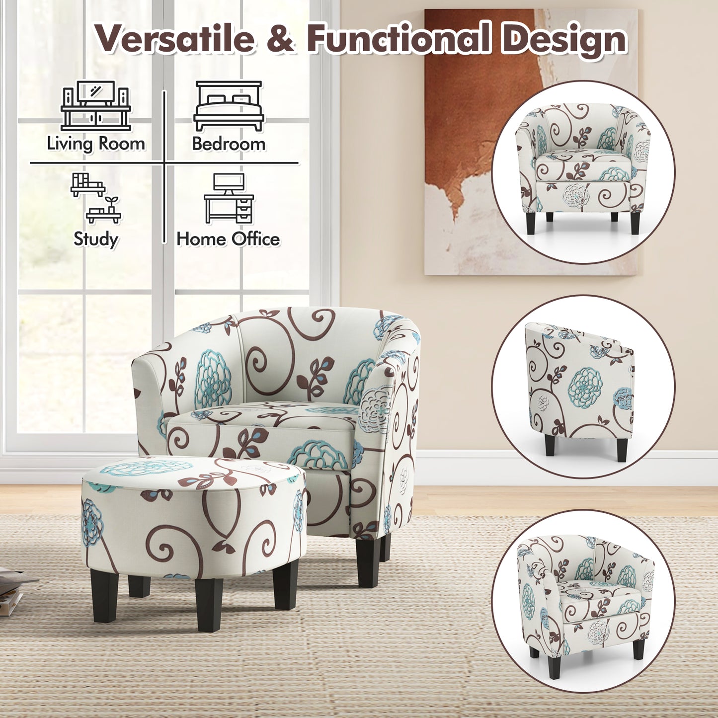 Contemporary Accent Chair with Ottoman and Cushioned Seat in Soft Fabric