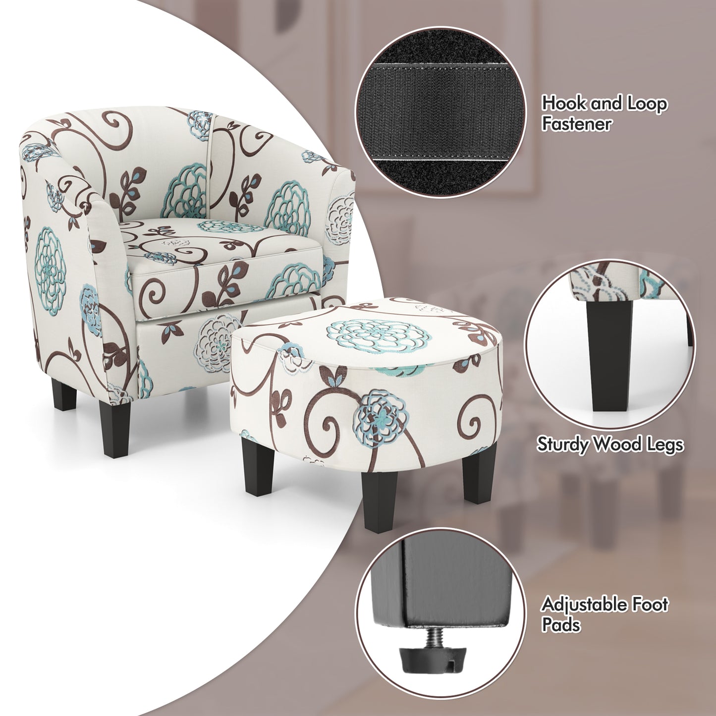 Contemporary Accent Chair with Ottoman and Cushioned Seat in Soft Fabric